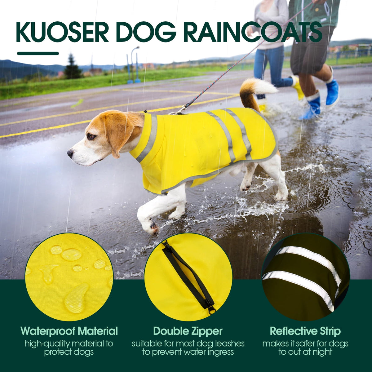 Kuoser Dog Raincoat Waterproof Rain Jacket with Reflective Stripes for Dogs, Yellow, M