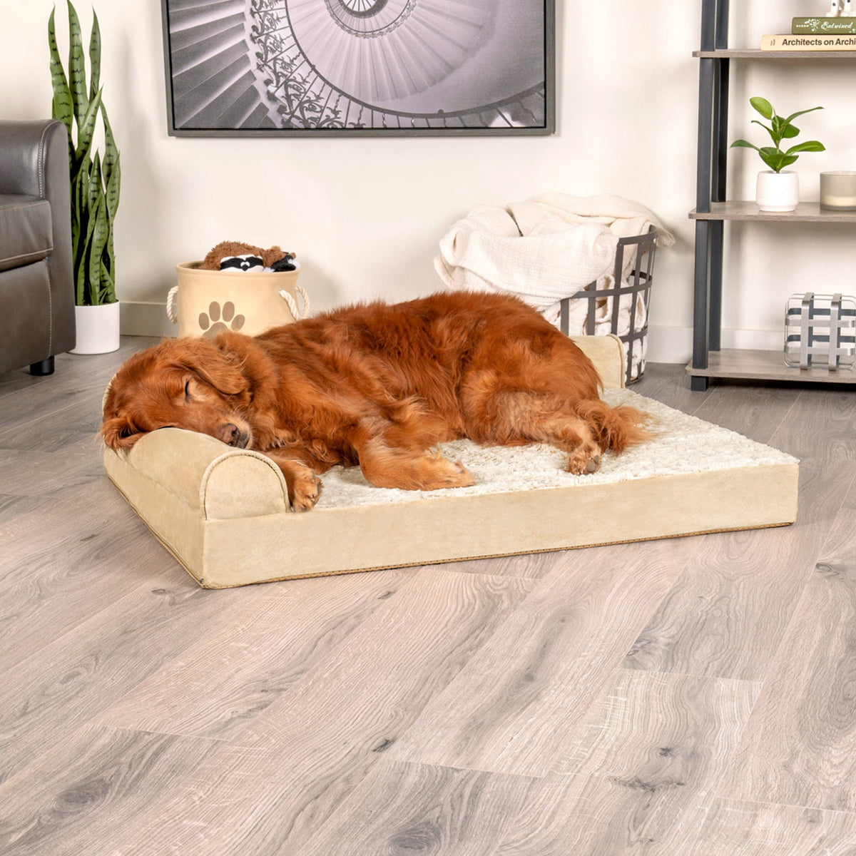 FurHaven Embossed Faux Fur & Suede Orthopedic Deluxe L-Chaise Pet Bed for Dogs & Cats - Gray, Jumbo Plus