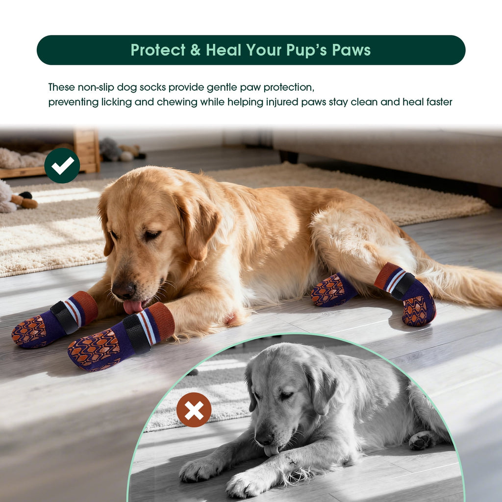 Kuoser Anti-Slip Dog Socks with Double-Sided Traction, 4 Piece Pet Booties for Senior, Dog Paw Protector for Hardwood Floors, Hot Pavement and hot/icy surfaces, Brown, L