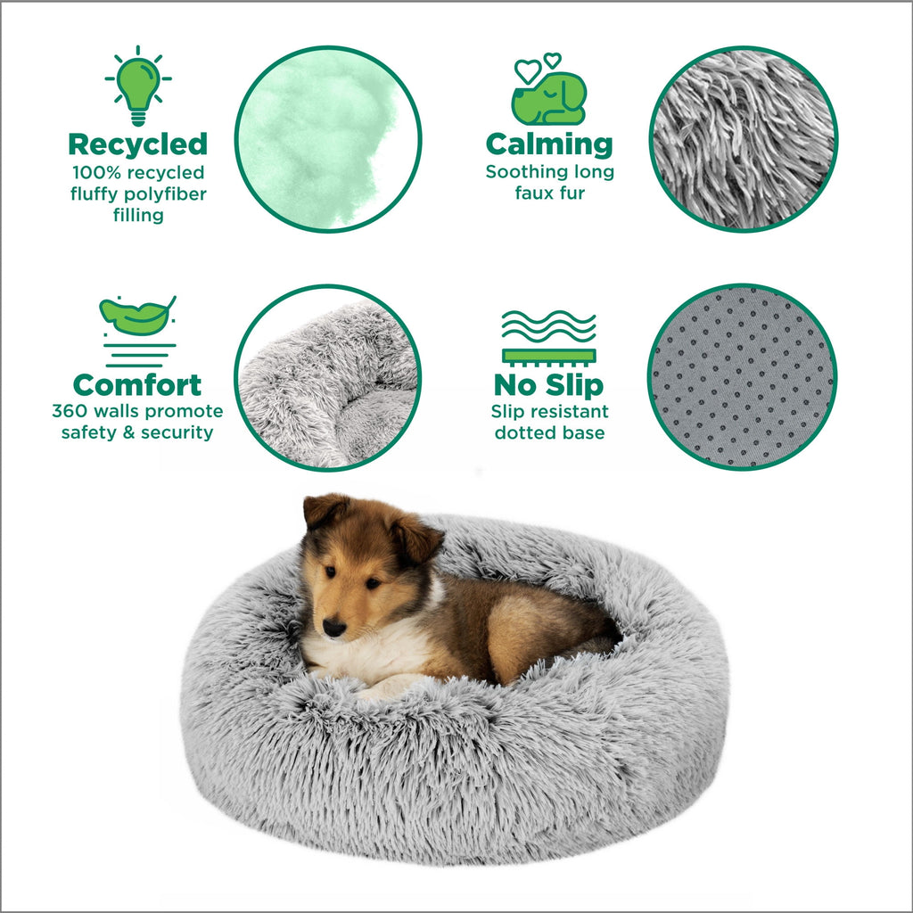 Furhaven 23" Round Calming Donut Dog Bed with Washable & Removable Cover & Bolster - Shaggy Plush Long Faux Fur Ball Bed - Taupe, For Dogs Up to 20 lbs, Small