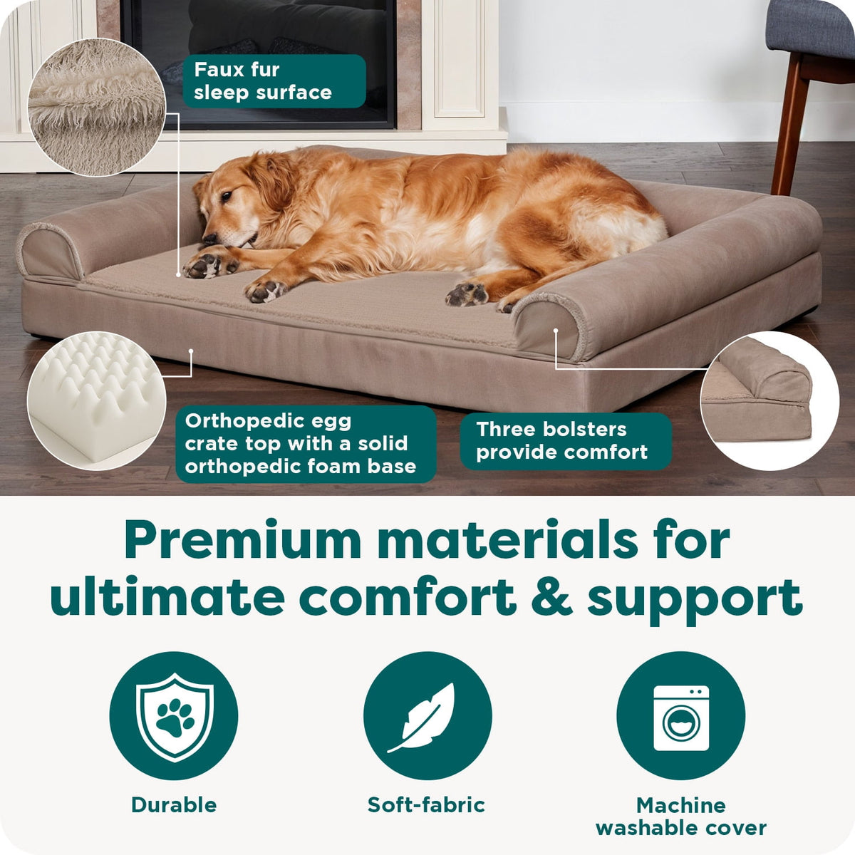 FurHaven Pet Products Luxe Fur & Performance Linen Orthopedic Sofa Pet Bed for Dogs & Cats - Charcoal, Jumbo Plus