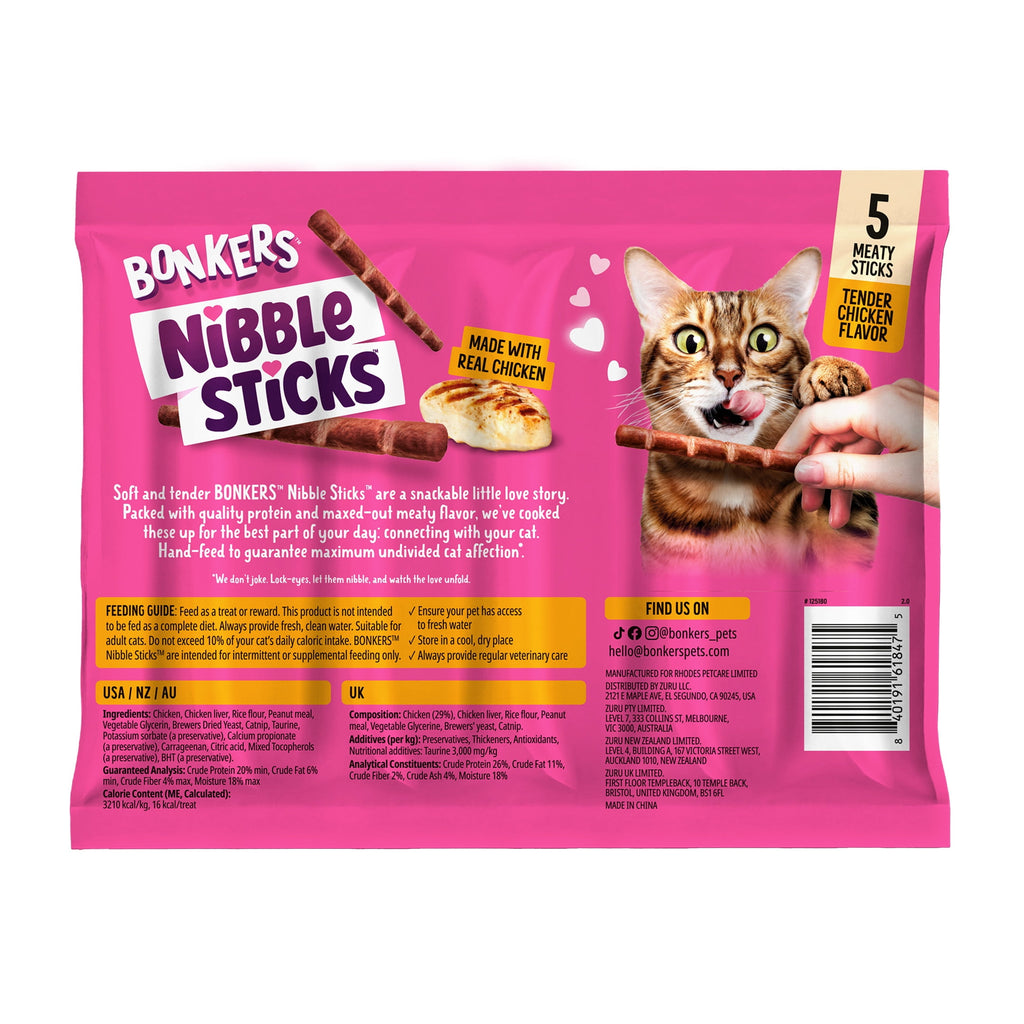 BONKERS Nibble Sticks Soft & Meaty Tender Chicken Flavor Cat Treats, 5 Sticks