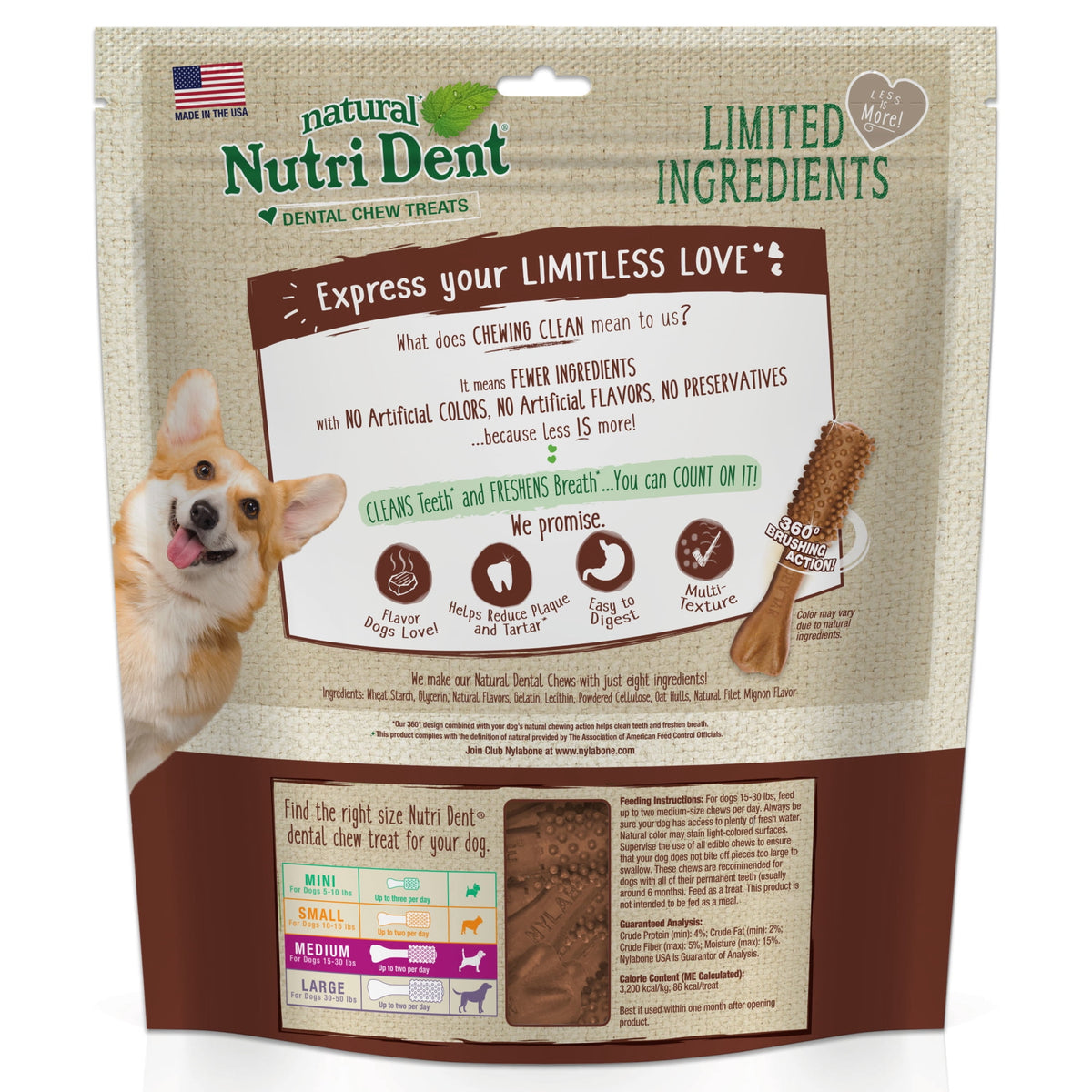 Nylabone Nutri Dent Natural Dental Chews for Dogs, Limited Ingredient Dog Treats, Teeth Cleaning Dental Sticks for Dogs, Filet Mignon Flavor, For Medium Dogs (40 Count)