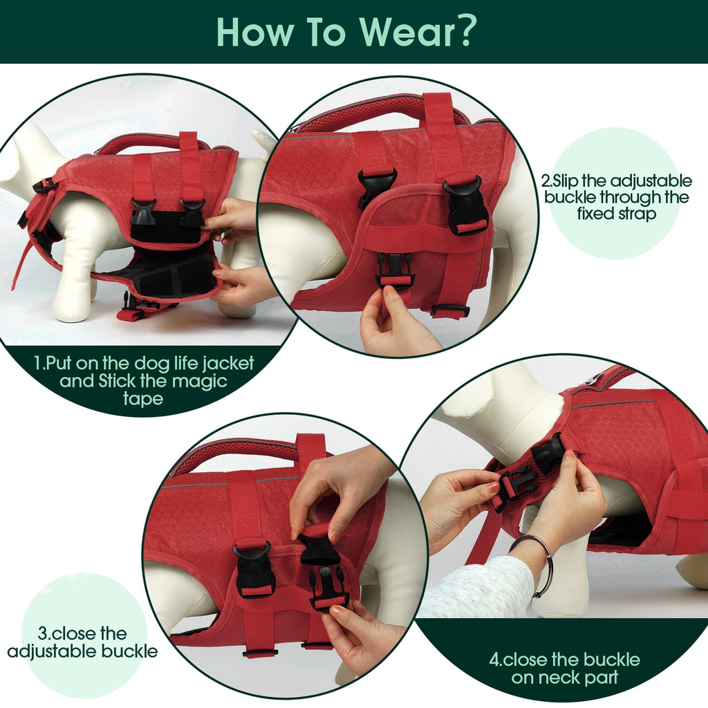 Kuoser Dog Life Jacket, Reflective and Adjustable Dog Life Vest for Small Medium Large Dogs Red, S