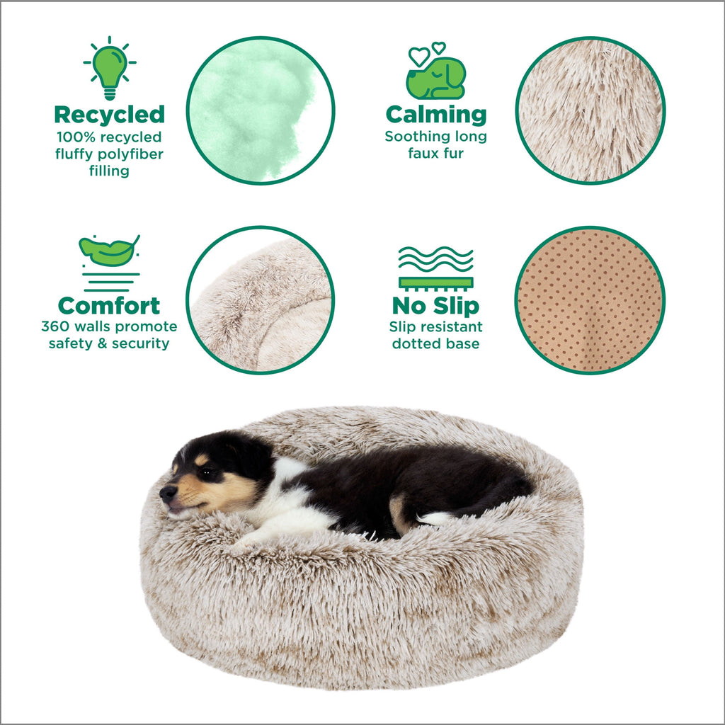 Furhaven 23" Round Calming Donut Dog Bed with Washable & Removable Cover & Bolster - Shaggy Plush Long Faux Fur Ball Bed - Taupe, For Dogs Up to 20 lbs, Small