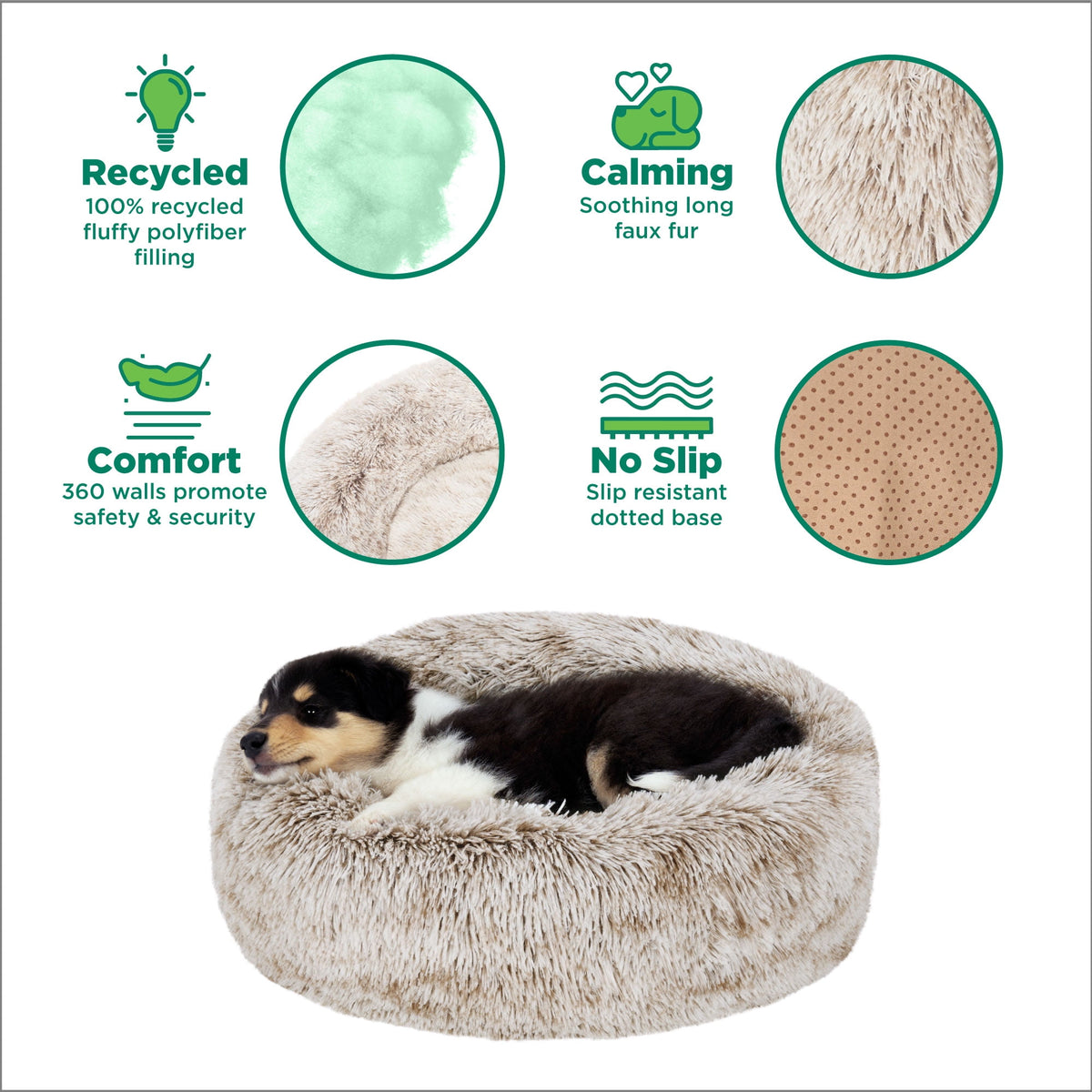Furhaven 23" Round Calming Donut Dog Bed with Washable & Removable Cover & Bolster - Shaggy Plush Long Faux Fur Ball Bed - Taupe, For Dogs Up to 20 lbs, Small