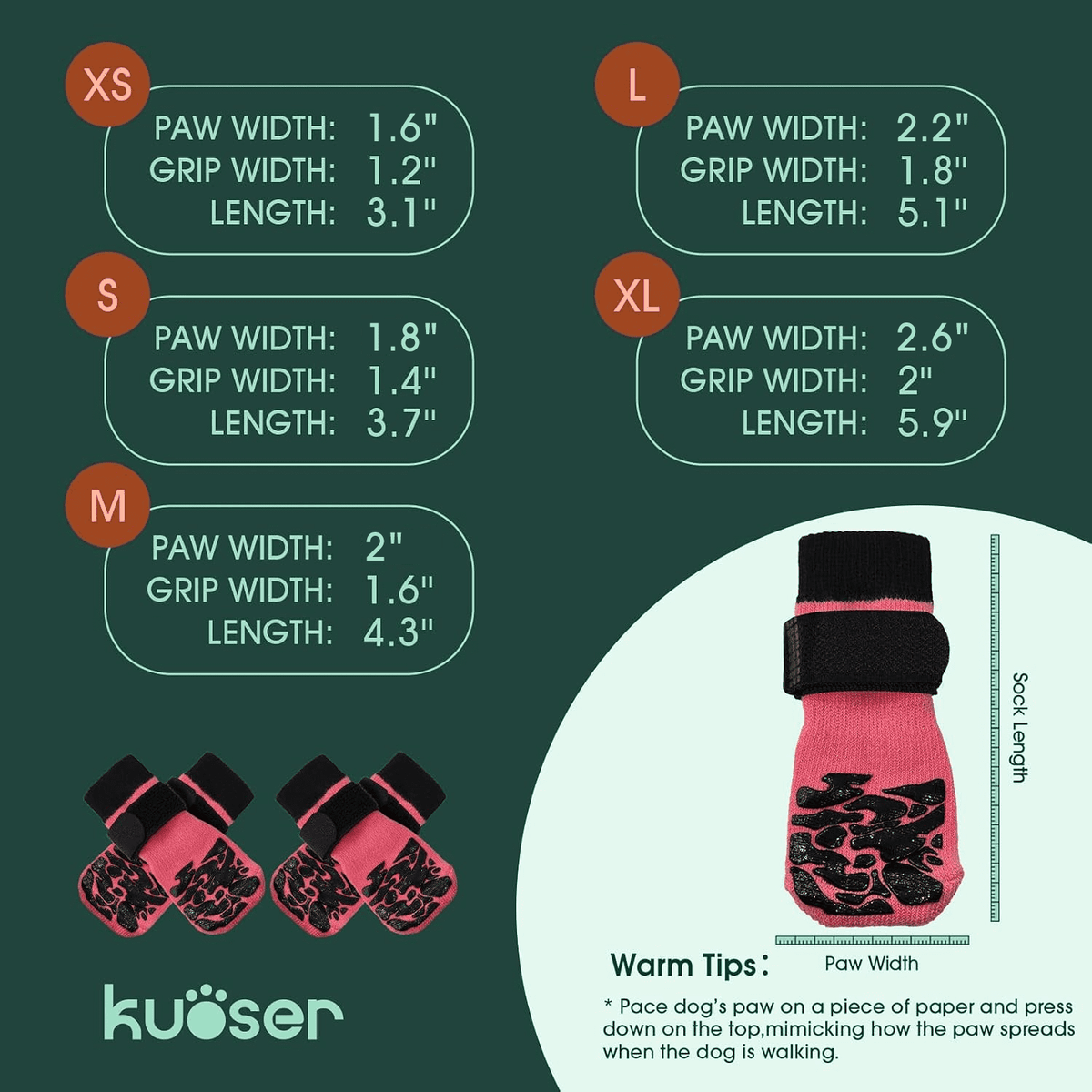 Kuoser Non-Slip Dog Socks for Hardwood Floors & Hot Pavement, Adjustable Pet Socks to Stop Licking and Slipping, Black, M
