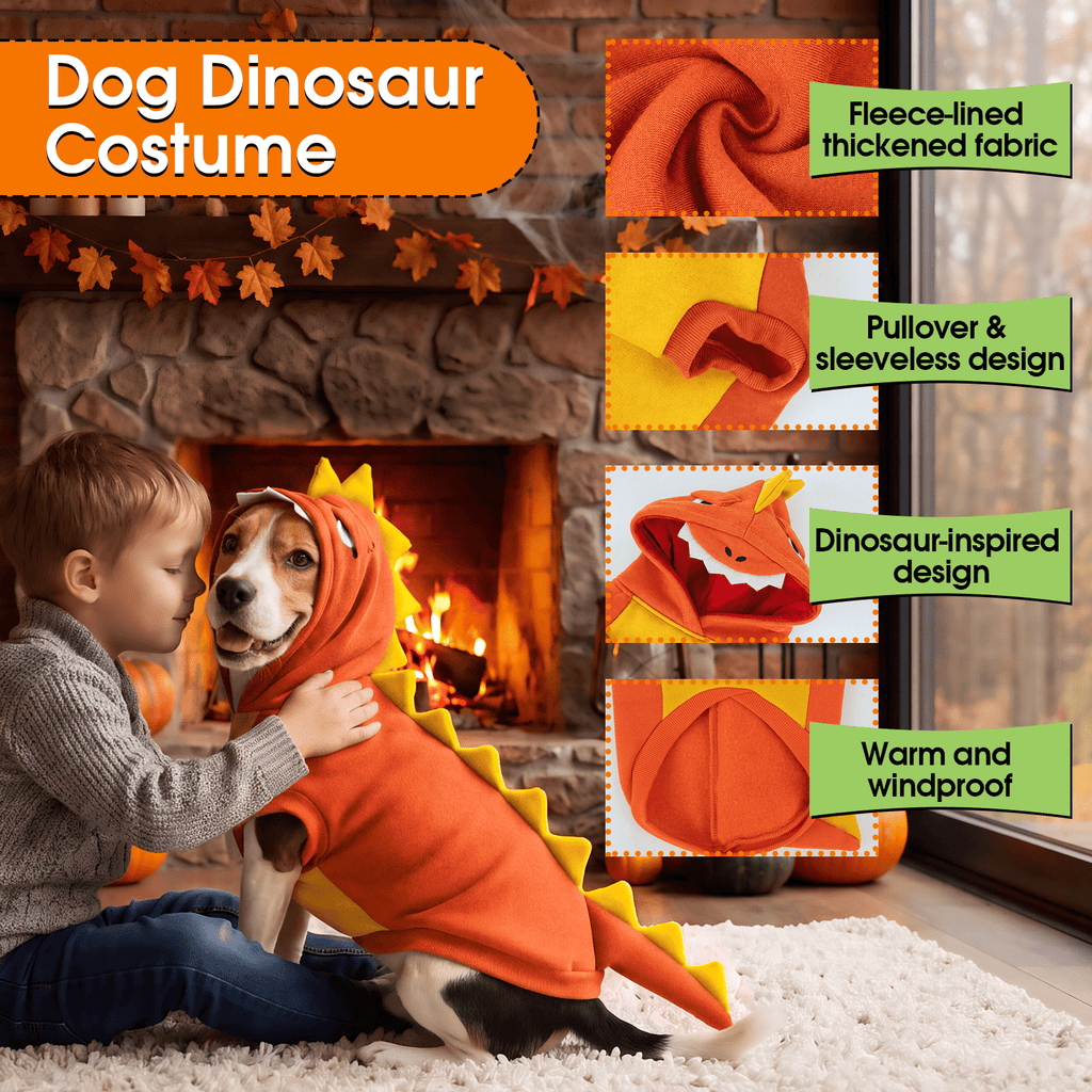 Kuoser Dog Dinosaur Halloween Costume, Funny Fleece Hoodie for Medium Dogs, Orange, M
