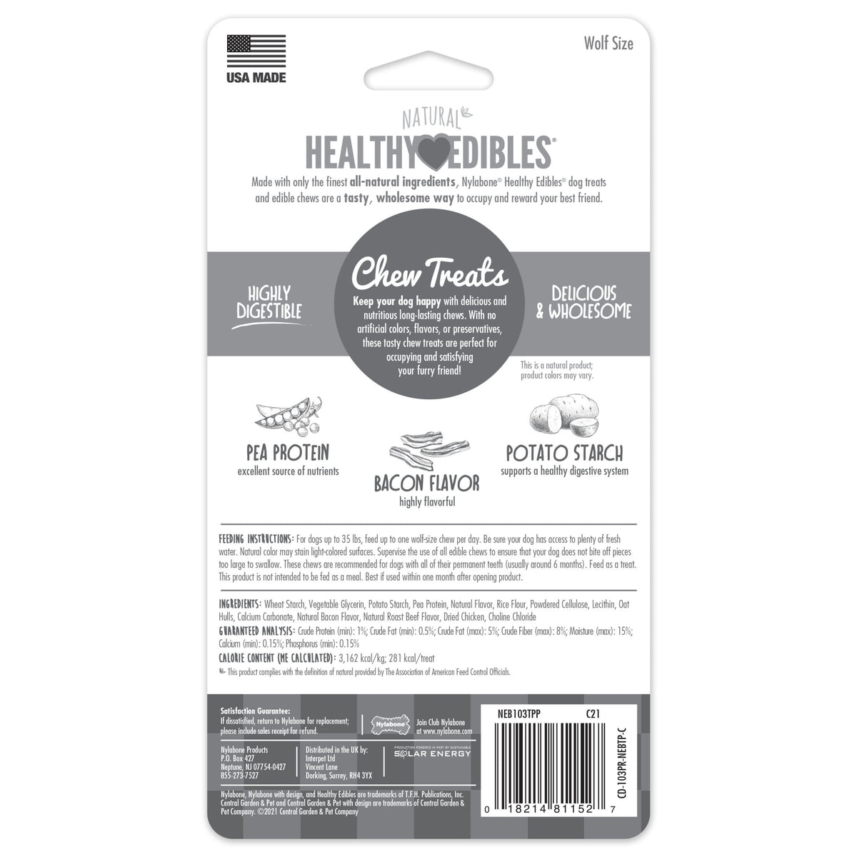 Nylabone Healthy Edibles Natural Dog Treats, Long Lasting Dog Bones, Bacon Flavor Dog Treats, For Medium Dogs (2 Count)