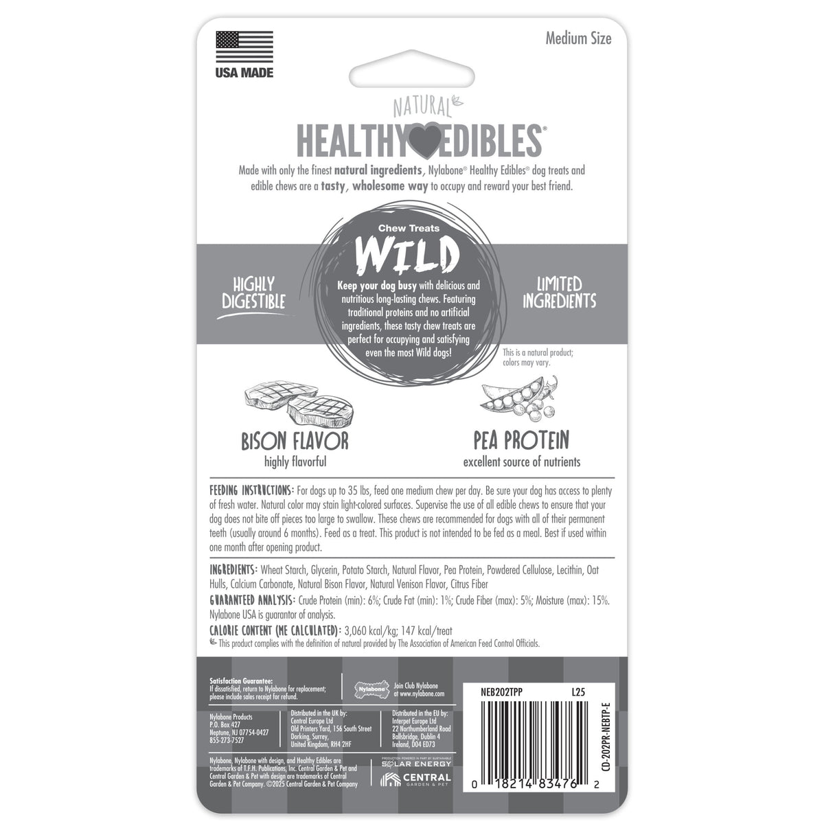 Nylabone Healthy Edibles WILD Dog Treats, All-Natural Long Lasting Chew Treats, Bison Flavor, Medium, 10 Count