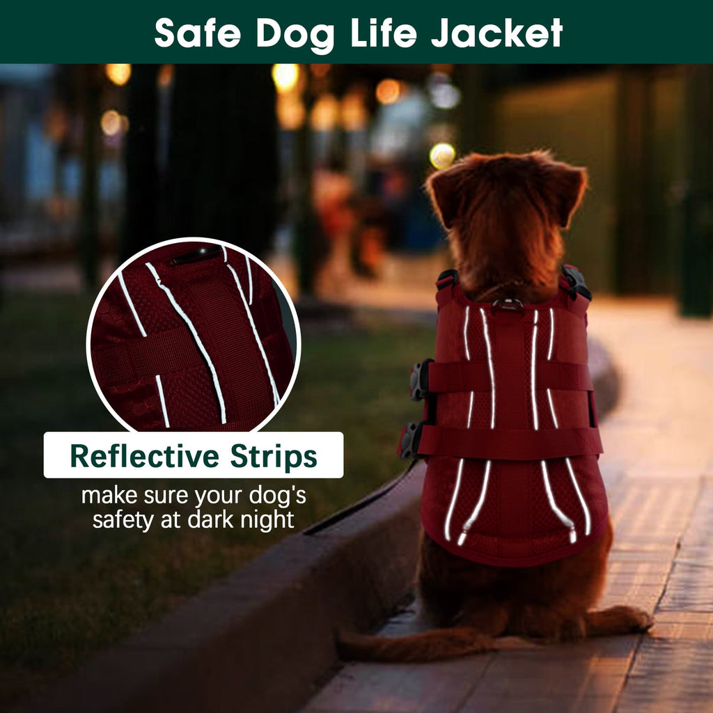 Kuoser Dog Life Jacket, Reflective and Adjustable Dog Life Vest for Small Medium Large Dogs Red, S