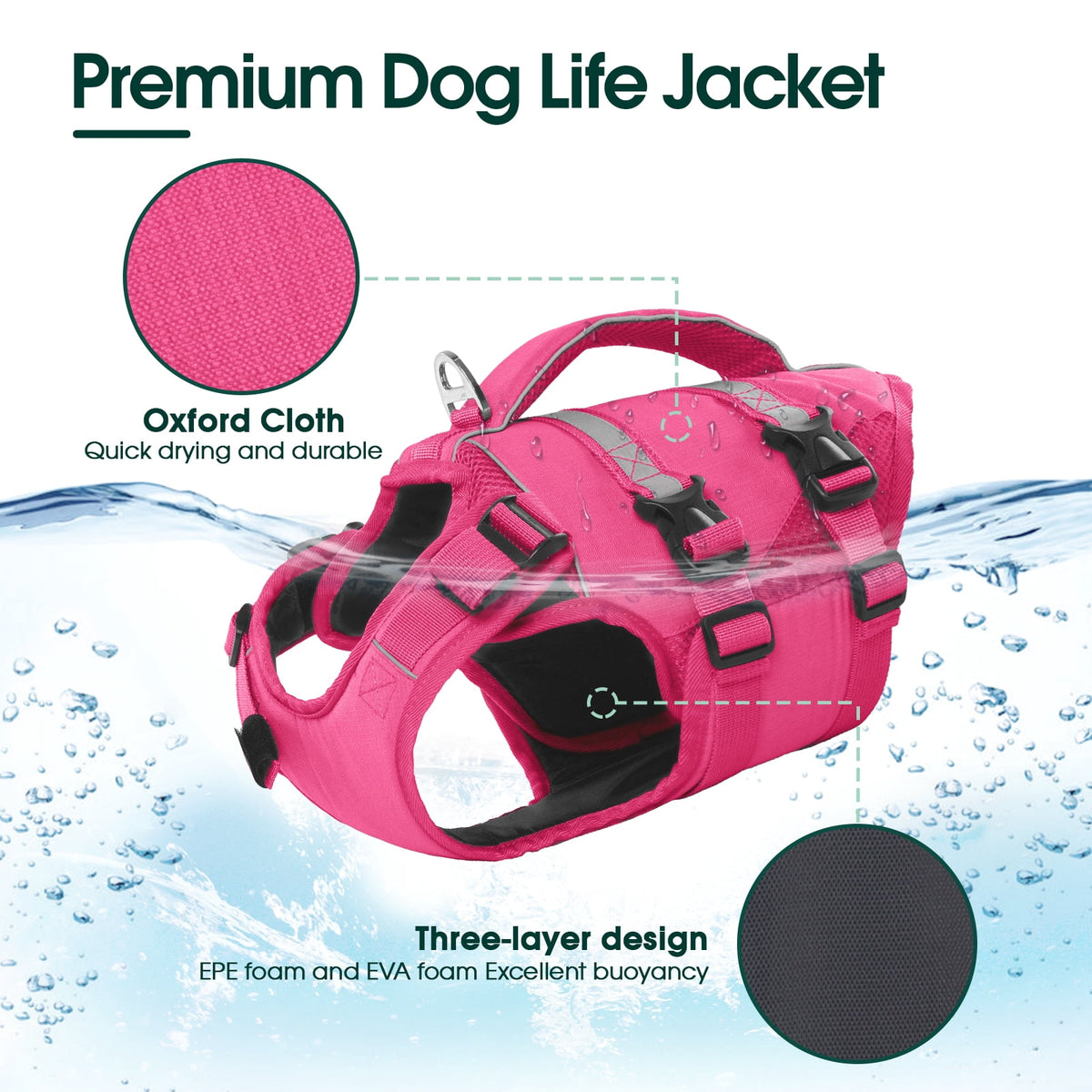 Kuoser Dog Life Jacket, High Flotation Dog Life Vest for Swimming Boating, Red, S