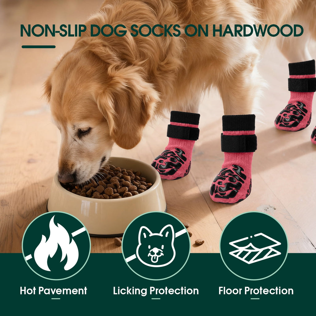 Kuoser Non-Slip Dog Socks for Hardwood Floors & Hot Pavement, Adjustable Pet Socks to Stop Licking and Slipping, Black, M