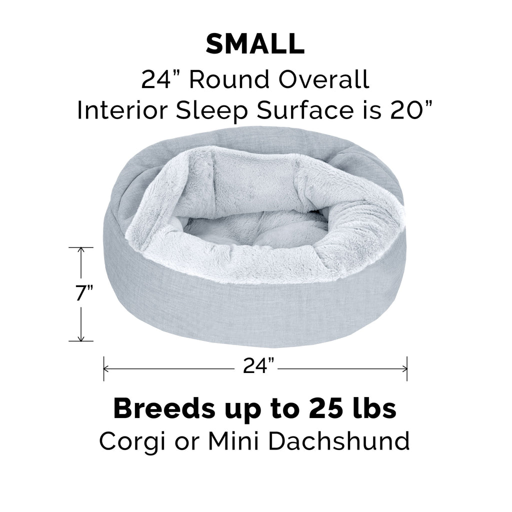 FurHaven Plush & Performance Linen Hooded Donut Pet Bed for Dogs & Cats - Mist Gray, Small - 24"