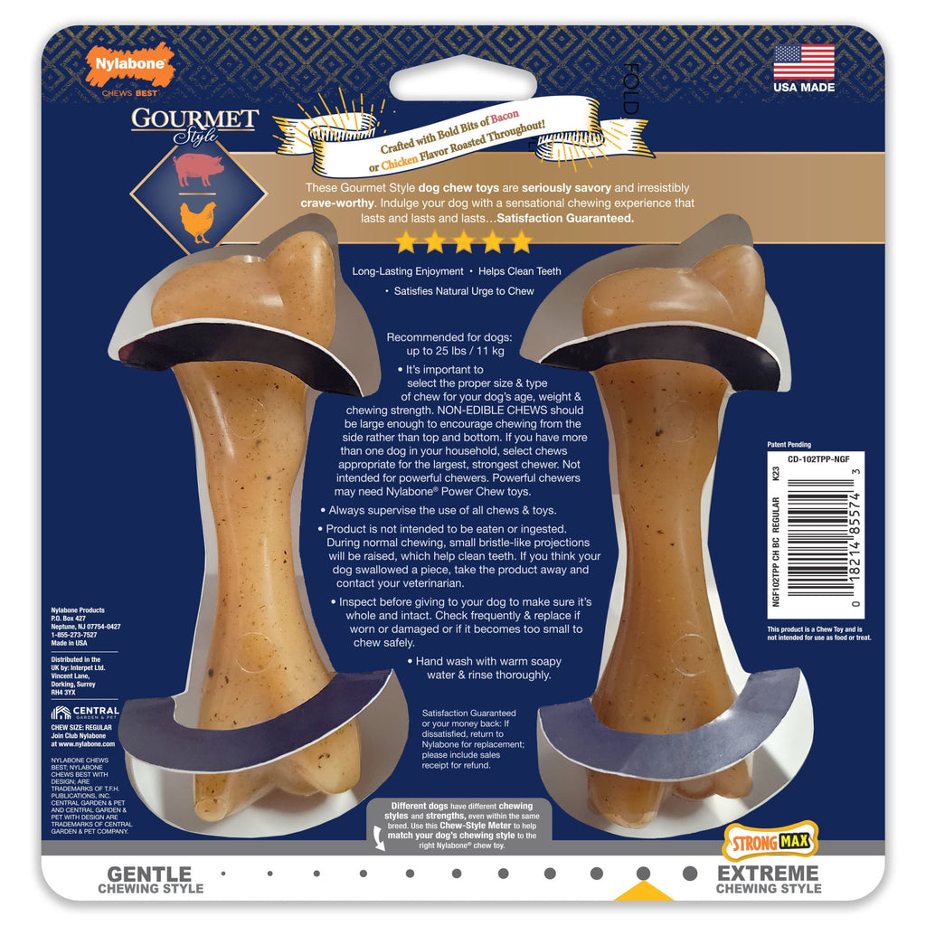 Nylabone Strong Chew Gourmet Style Femur Bone Dog Toy, Dog Chew Toy, Bacon & Chicken Flavor, Small, 2 Pack