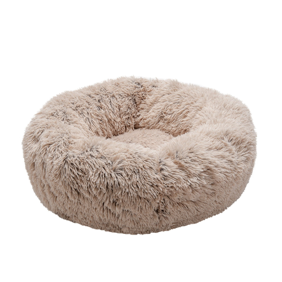 Furhaven 23" Round Calming Donut Dog Bed with Washable & Removable Cover & Bolster - Shaggy Plush Long Faux Fur Ball Bed - Taupe, For Dogs Up to 20 lbs, Small