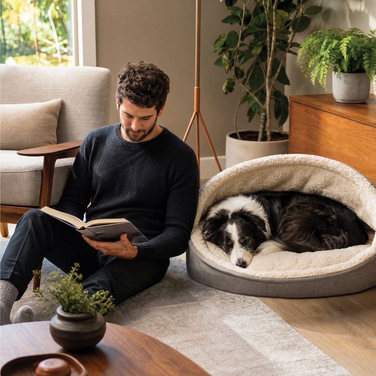 Furhaven 26" Round Orthopedic Dog Bed Sherpa & Suede Snuggery w/ Removable Washable Cover - Gray, 26-inch Faux Lambswool & Suede Gray 26 inch Snuggery (Orthopedic Foam)