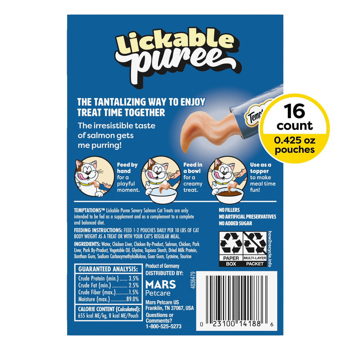 Temptations Creamy Puree With Salmon Squeezable Lickable Wet Treats For Cats, 0.42 Oz (16 Pack)