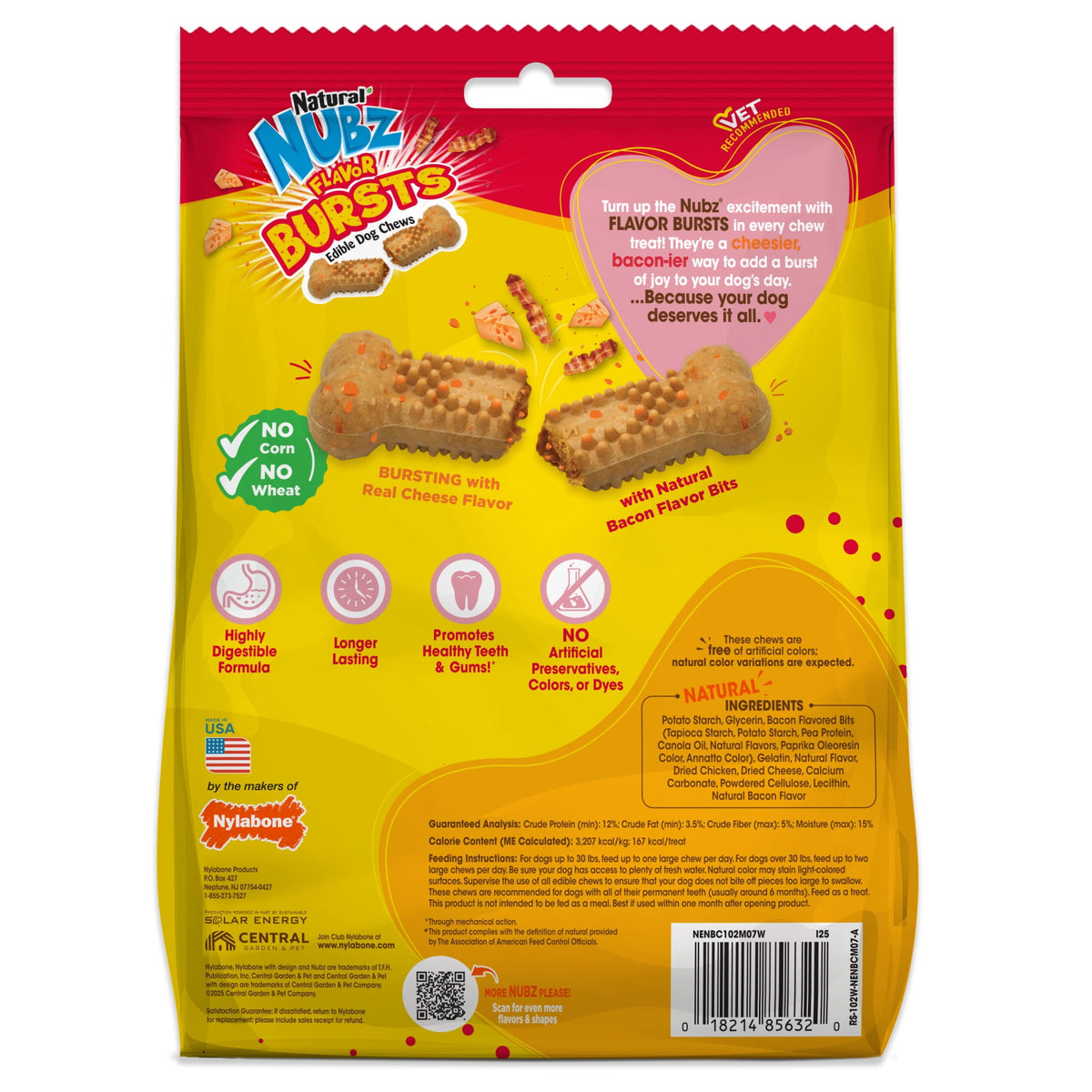 Nylabone Nubz Flavor Bursts Natural Dog Treats for Large Dogs, Bacon & Cheese Flavor Dog Bones, Large - 30+ lbs., 7 Count