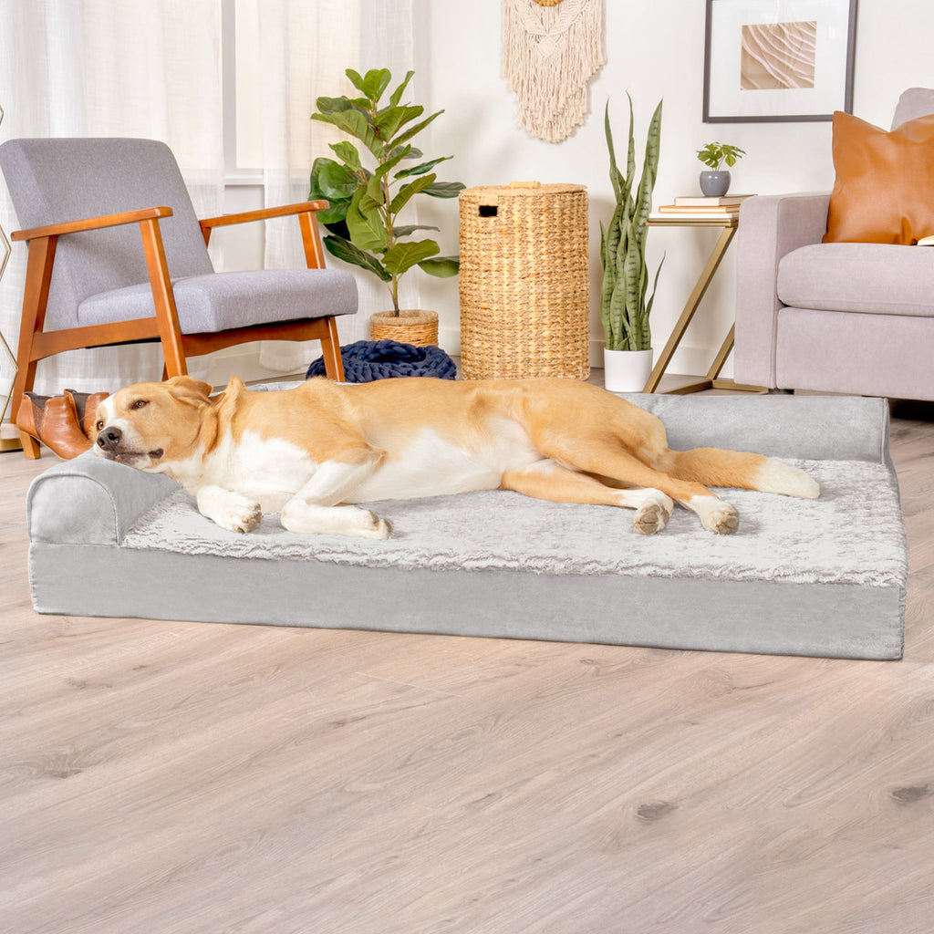 FurHaven Embossed Faux Fur & Suede Orthopedic Deluxe L-Chaise Pet Bed for Dogs & Cats - Gray, Jumbo Plus