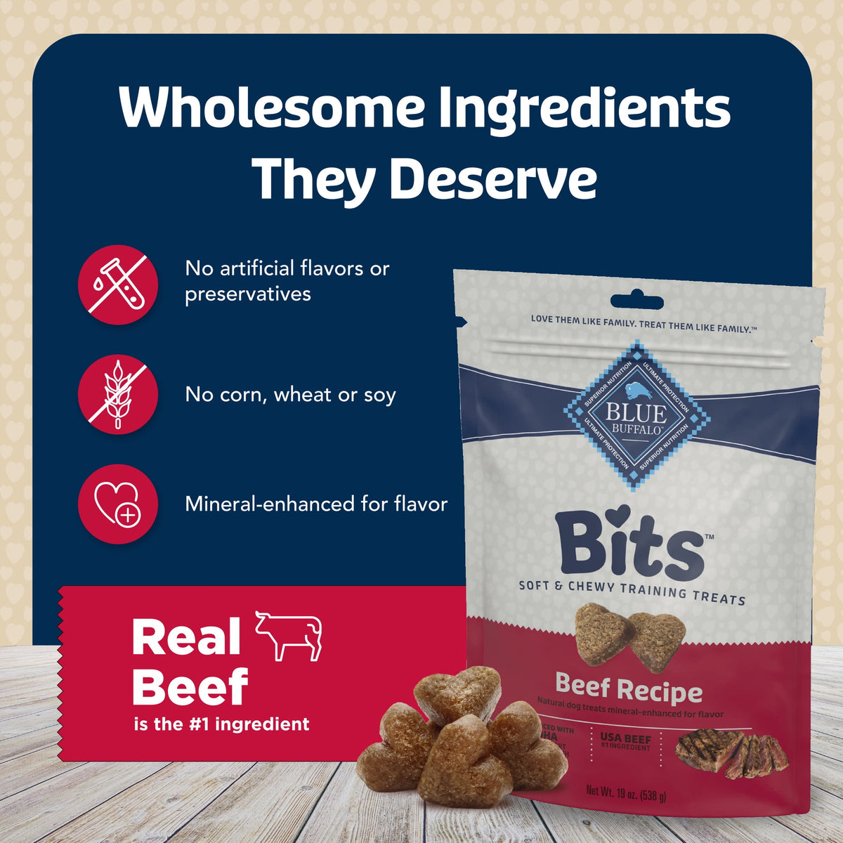 Blue Buffalo Bits Soft Dog Treats for Training, Made With Natural Ingredients & Enhanced with DHA, Beef Recipe, 19-oz Bag