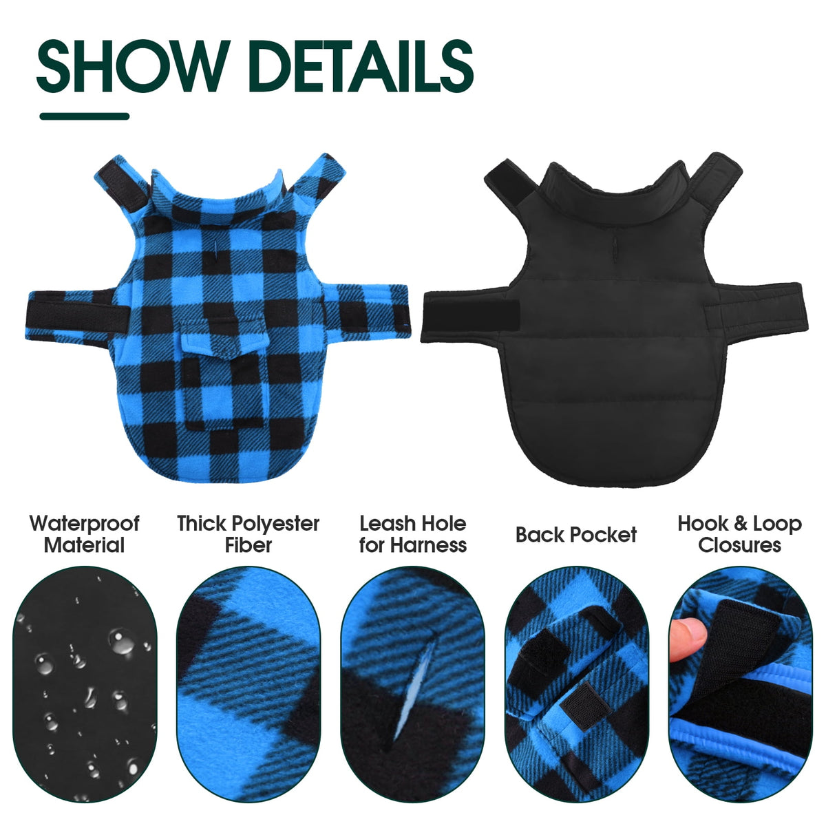 Kuoser British Style Plaid Dog Winter Coat, Windproof Cozy Cold Weather Jacket for Dogs, Blue, M