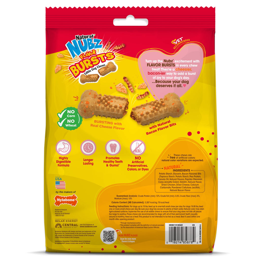 Nylabone Nubz Flavor Bursts Natural Dog Treats for Small Dogs, Bacon & Cheese Flavor Dog Bones, Small - Up to 30 lbs., 36 Count