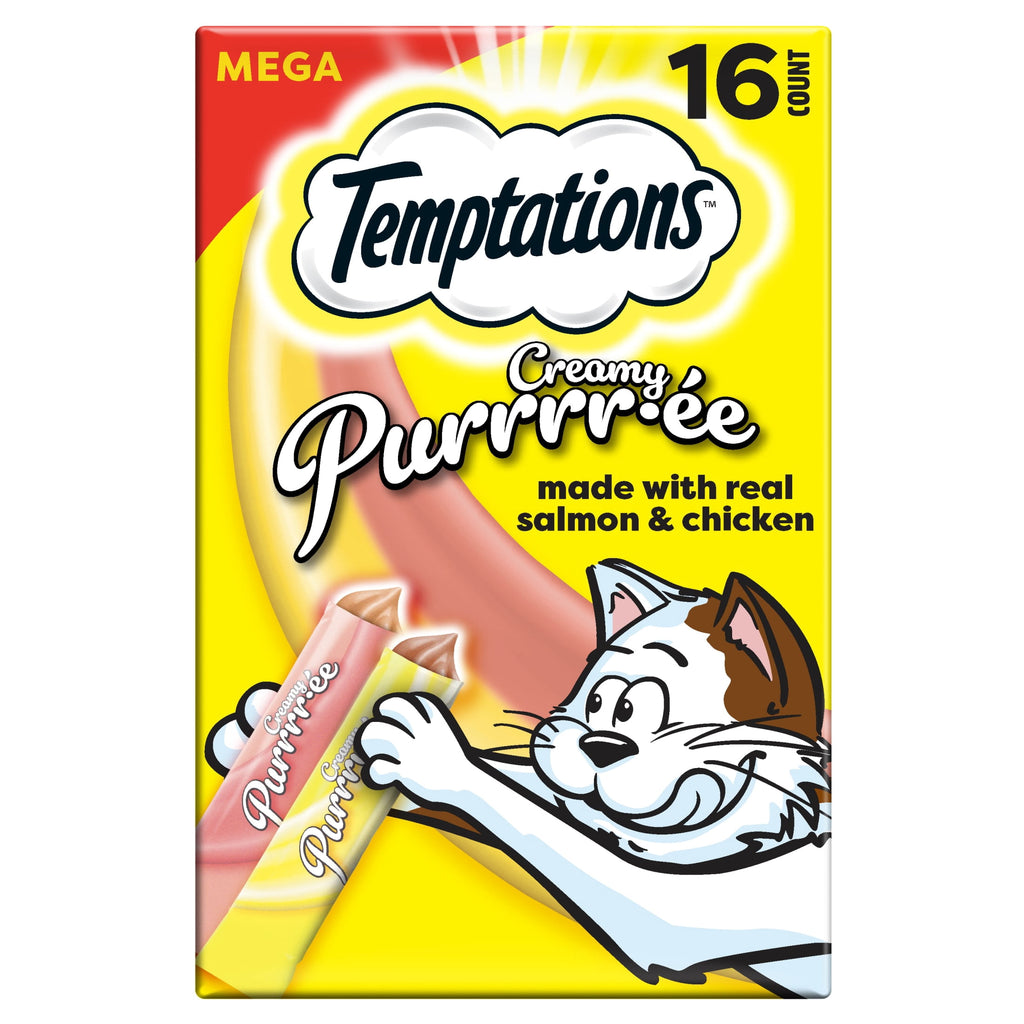 Temptations Creamy Puree Salmon and Chicken Flavor Crunchy Treats for Cats, 6.7 oz Pouches (16 Pack)