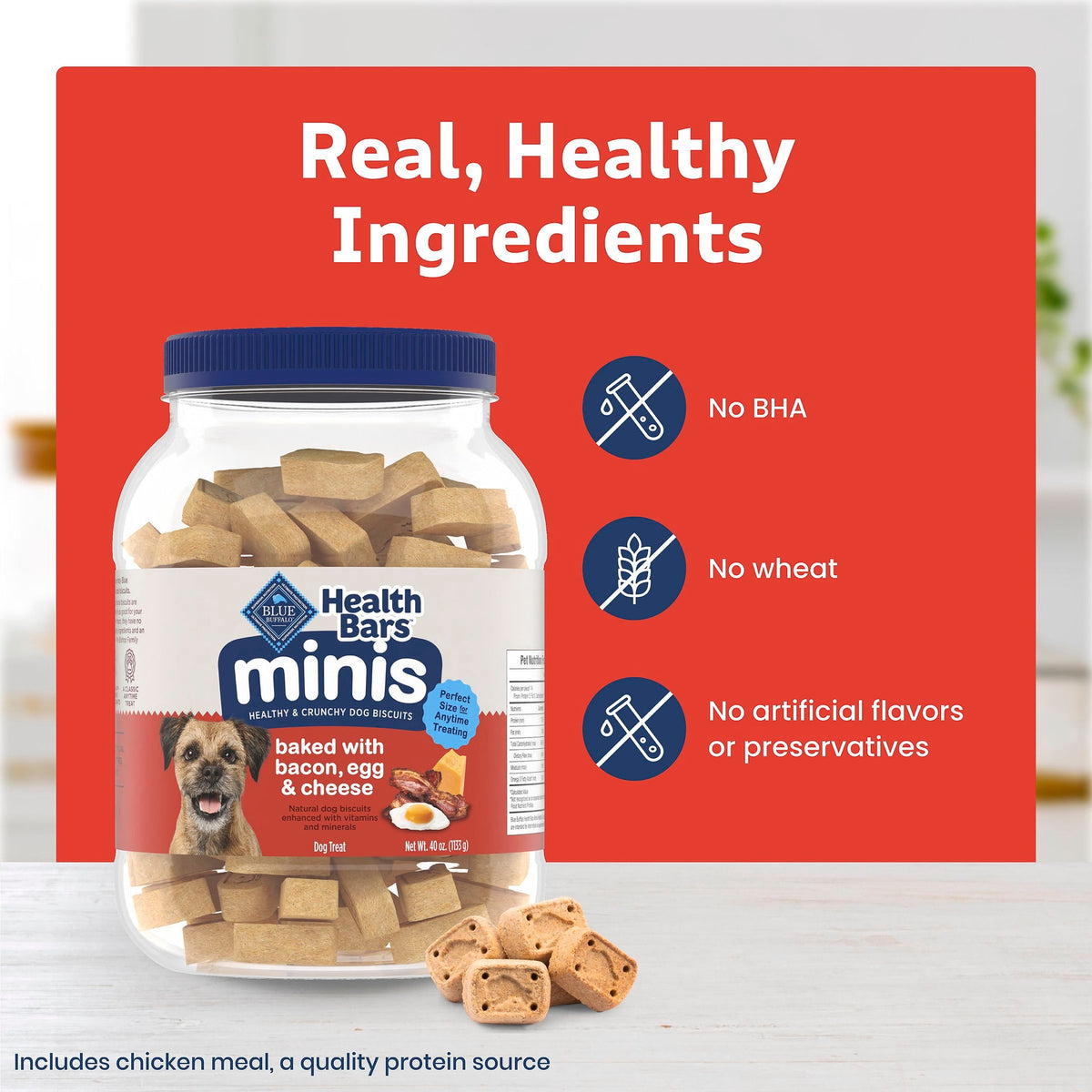 Blue Buffalo Health Bars Mini Dog Treats, Crunchy Biscuits, Bacon, Egg & Cheese, 40oz Tub