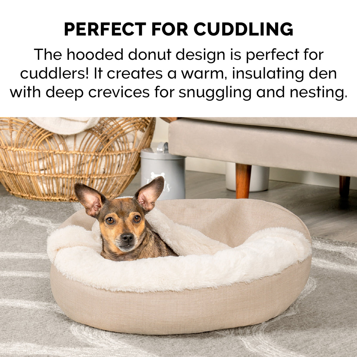 FurHaven Plush & Performance Linen Hooded Donut Pet Bed for Dogs & Cats - Mist Gray, Small - 24"