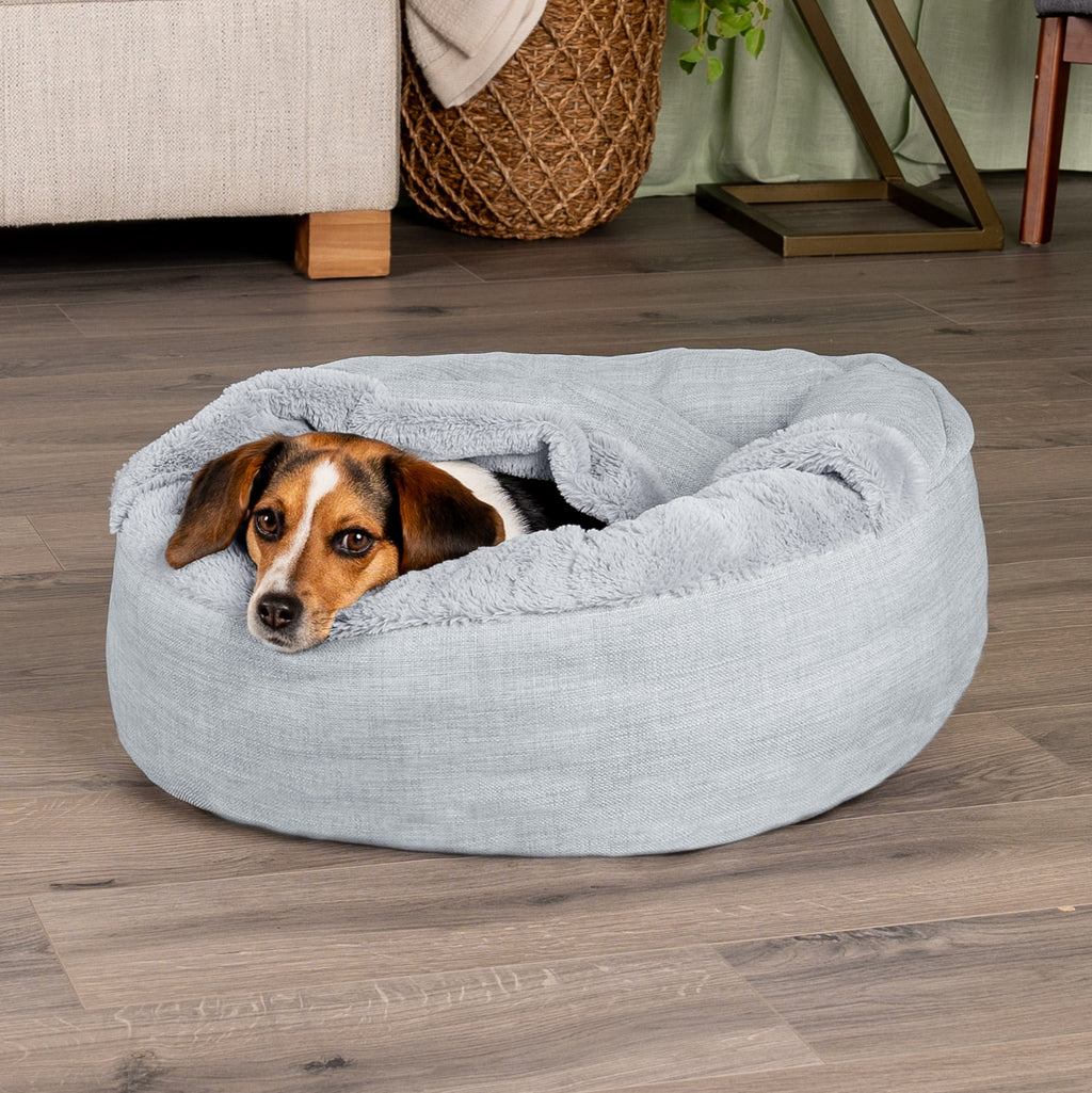 FurHaven Plush & Performance Linen Hooded Donut Pet Bed for Dogs & Cats - Mist Gray, Small - 24"