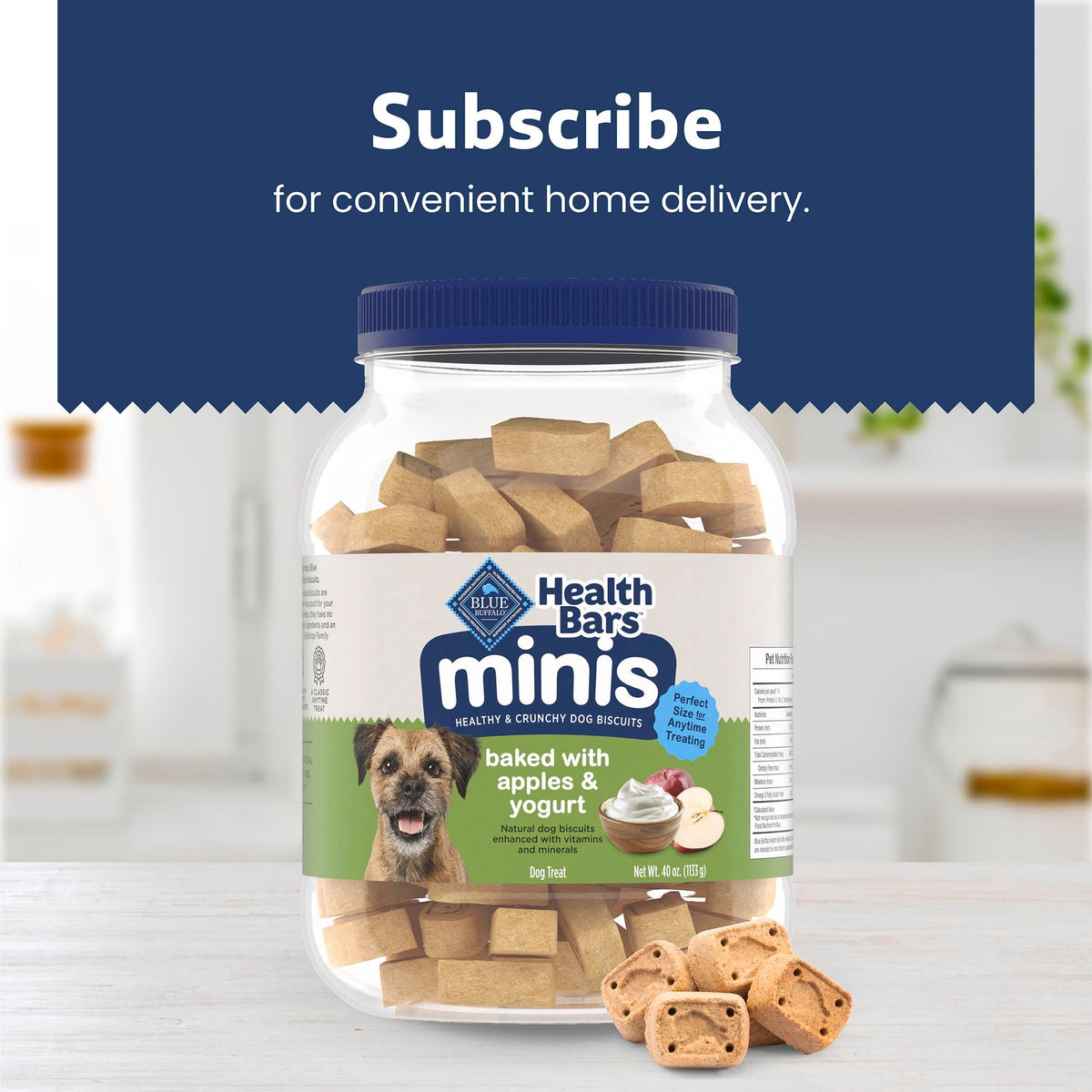 Blue Buffalo Health Bars Mini Dog Treats, Crunchy Biscuits, Apples & Yogurt, 40oz Tub