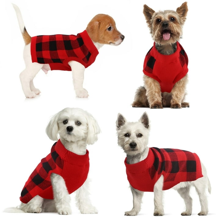 Kuoser Classic Plaid Dog Sweater Warm Pullover Knitwear for Small Medium Dogs, Red, S