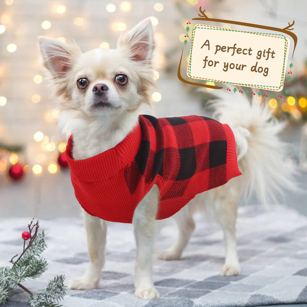 Kuoser Classic Plaid Dog Sweater Warm Pullover Knitwear for Small Medium Dogs, Red, S