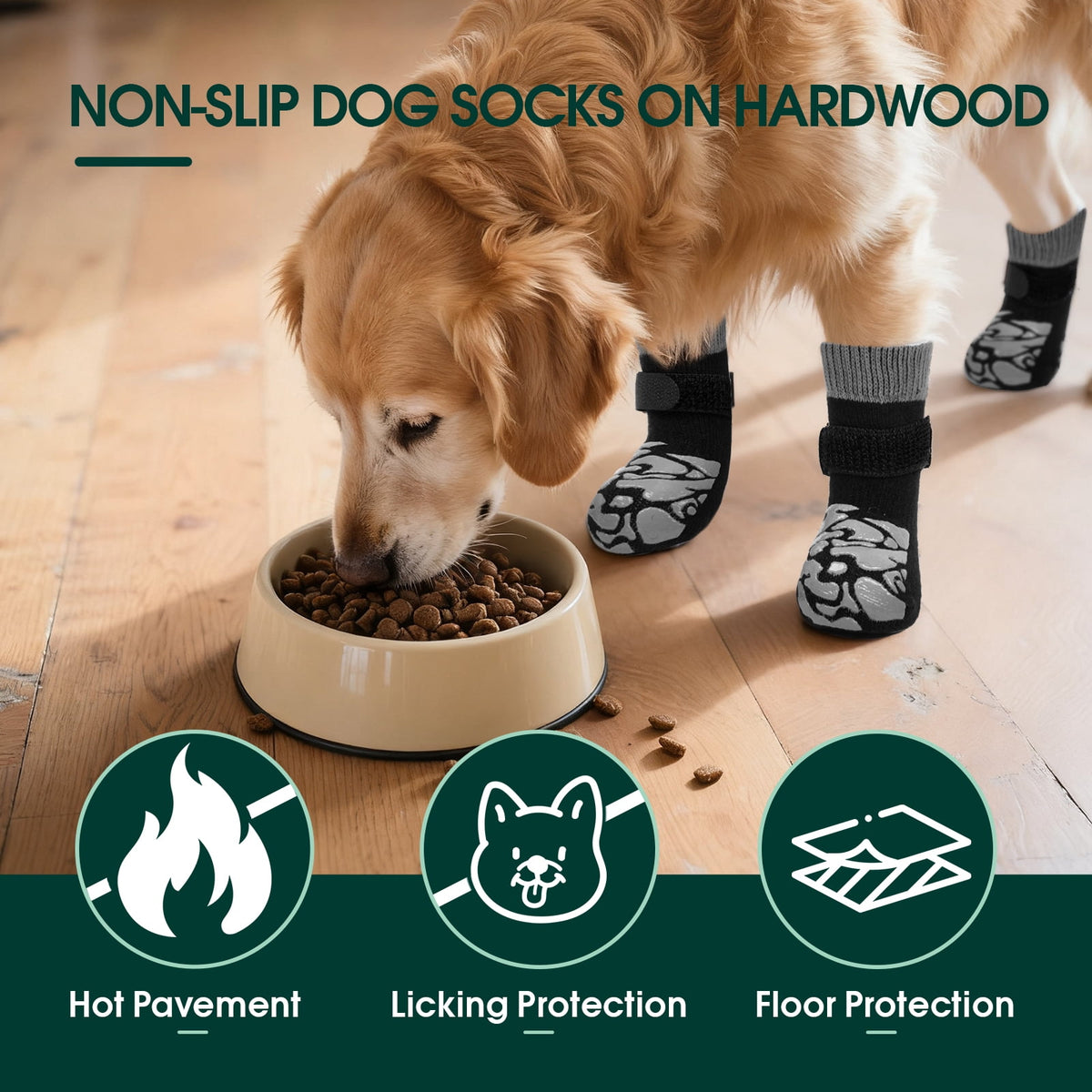 Kuoser Non-Slip Dog Socks for Hardwood Floors & Hot Pavement, Adjustable Pet Socks to Stop Licking and Slipping, Black, M