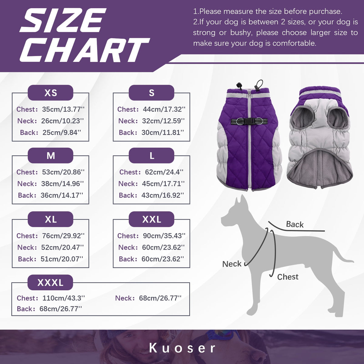 Kuoser Dog Winter Coat, Waterproof Windproof Fleece Padded Jacket with Reflective Trim and Leash Ring for Small Dogs, Purple, S