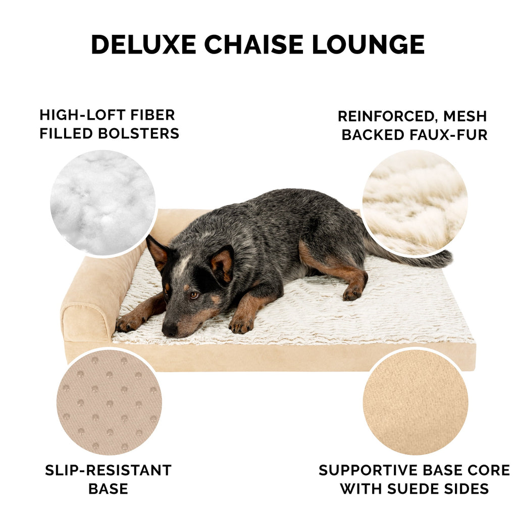 FurHaven Embossed Faux Fur & Suede Orthopedic Deluxe L-Chaise Pet Bed for Dogs & Cats - Gray, Jumbo Plus