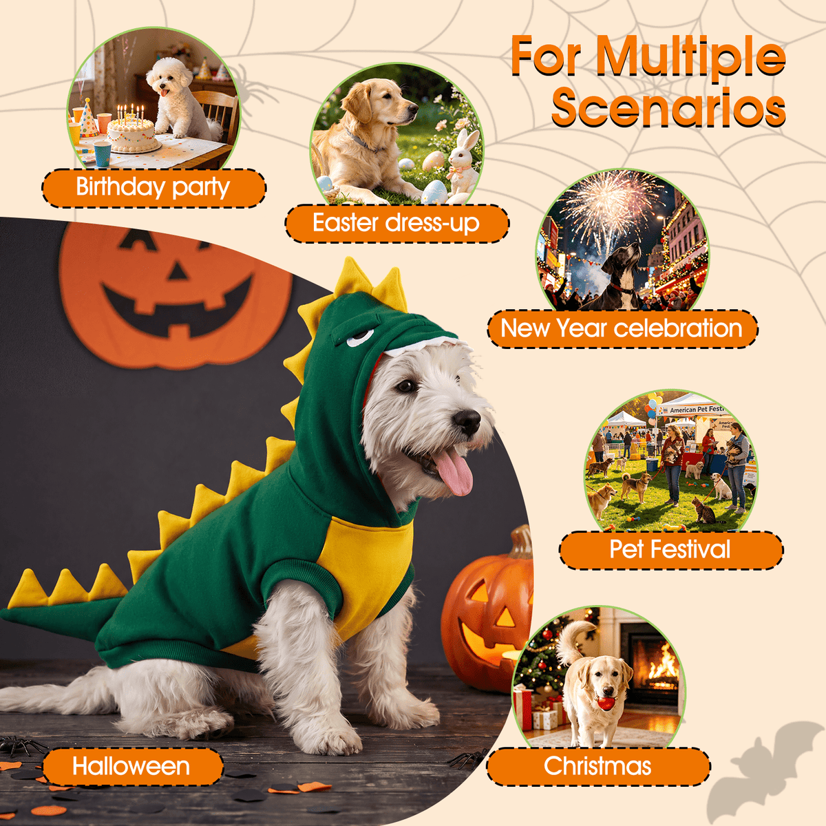 Kuoser Dog Dinosaur Halloween Costume, Funny Fleece Hoodie for Medium Dogs, Orange, M