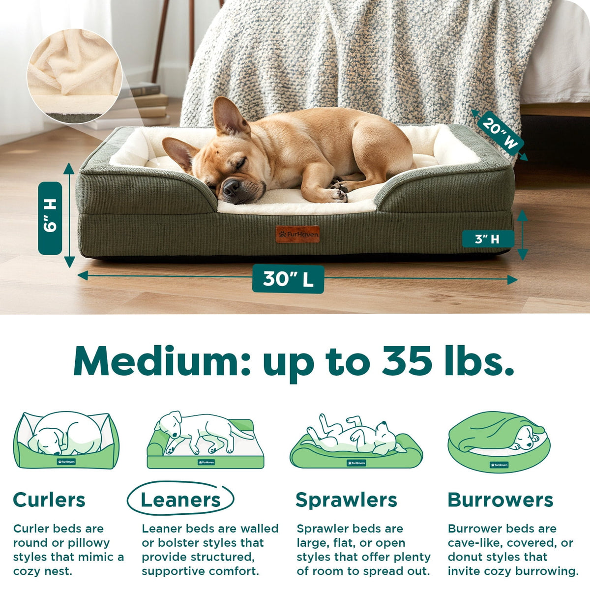 Furhaven Pet Products Medium Nest-Top Perfect Comfort Sofa Orthopedic Ped Bed, 30"x20", Green