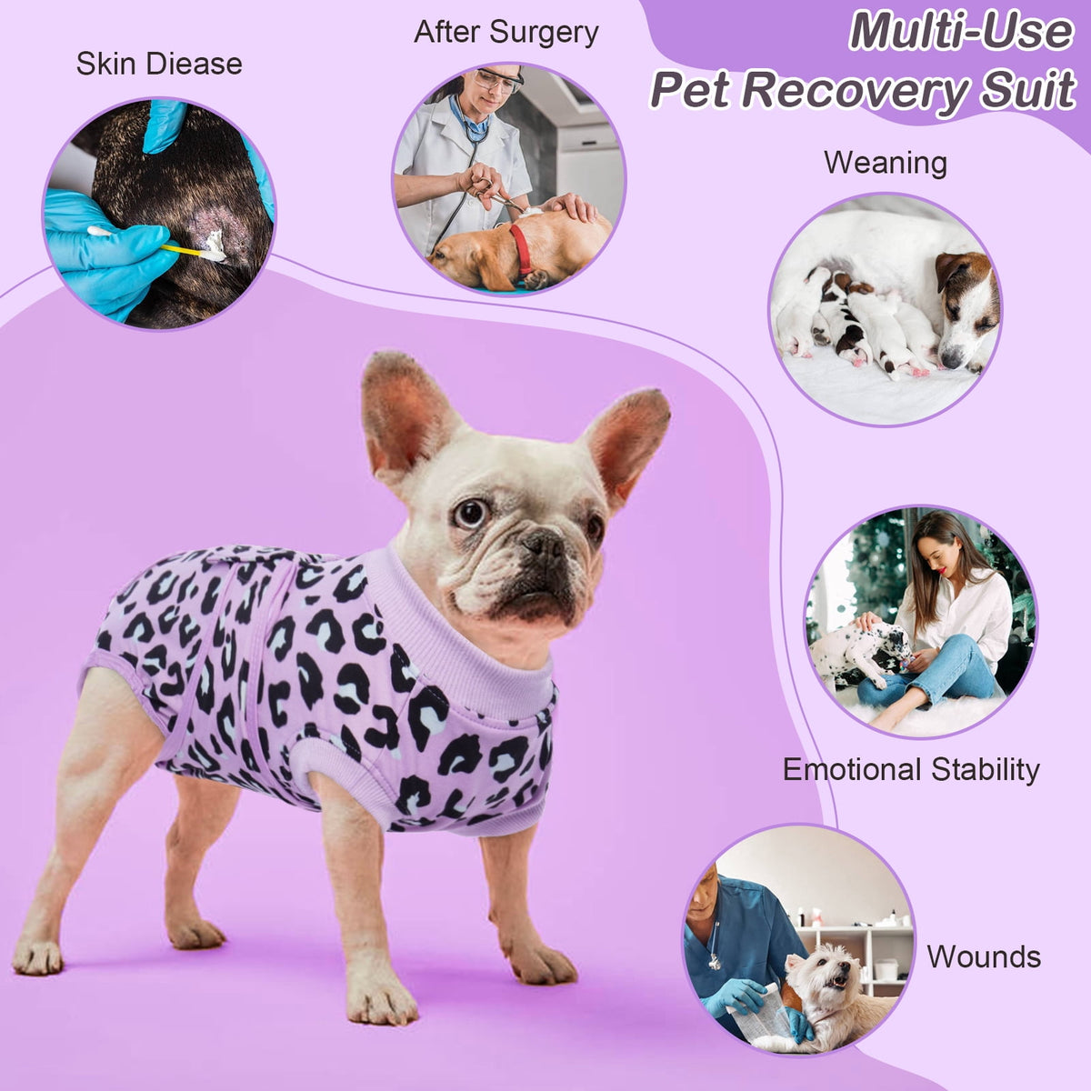 Kuoser Dog Recovery Suit after Surgery, Professional Surgical Onesie for Male Female Dogs, Soft Pet Surgery Suit for Abdominal Wounds Skin Disease, Purple Leopard, XL