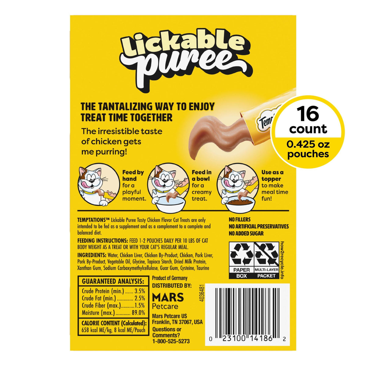 Temptations Creamy Puree With Chicken Squeezable Lickable Wet Treats For Cats, 0.42 Oz (16 Pack)