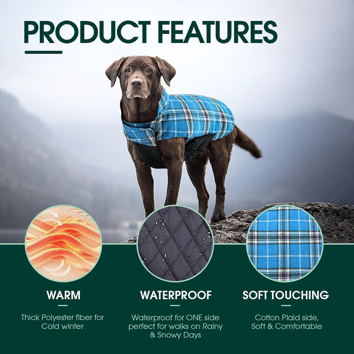 Kuoser Reversible Dog Coat Adjustable British Style Plaid Pet Jacket, Waterproof and Windproof, Blue, M