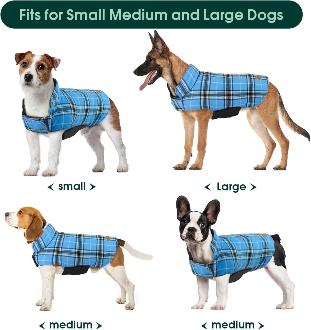 Kuoser Reversible Dog Coat Adjustable British Style Plaid Pet Jacket, Waterproof and Windproof, Blue, M