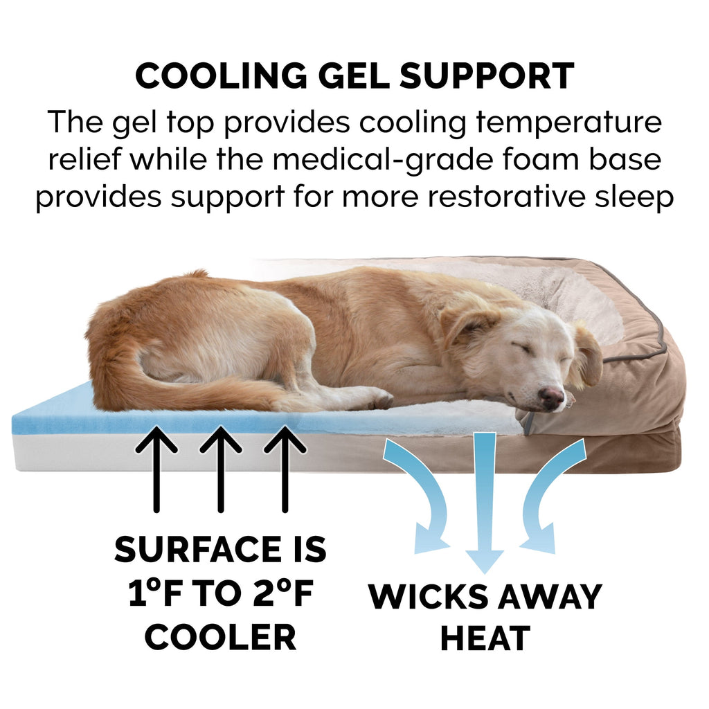 FurHaven Pet Products Velvet Waves Perfect Comfort Cooling Gel Top Sofa-Style Pet Bed for Dogs & Cats - Brownstone, Medium