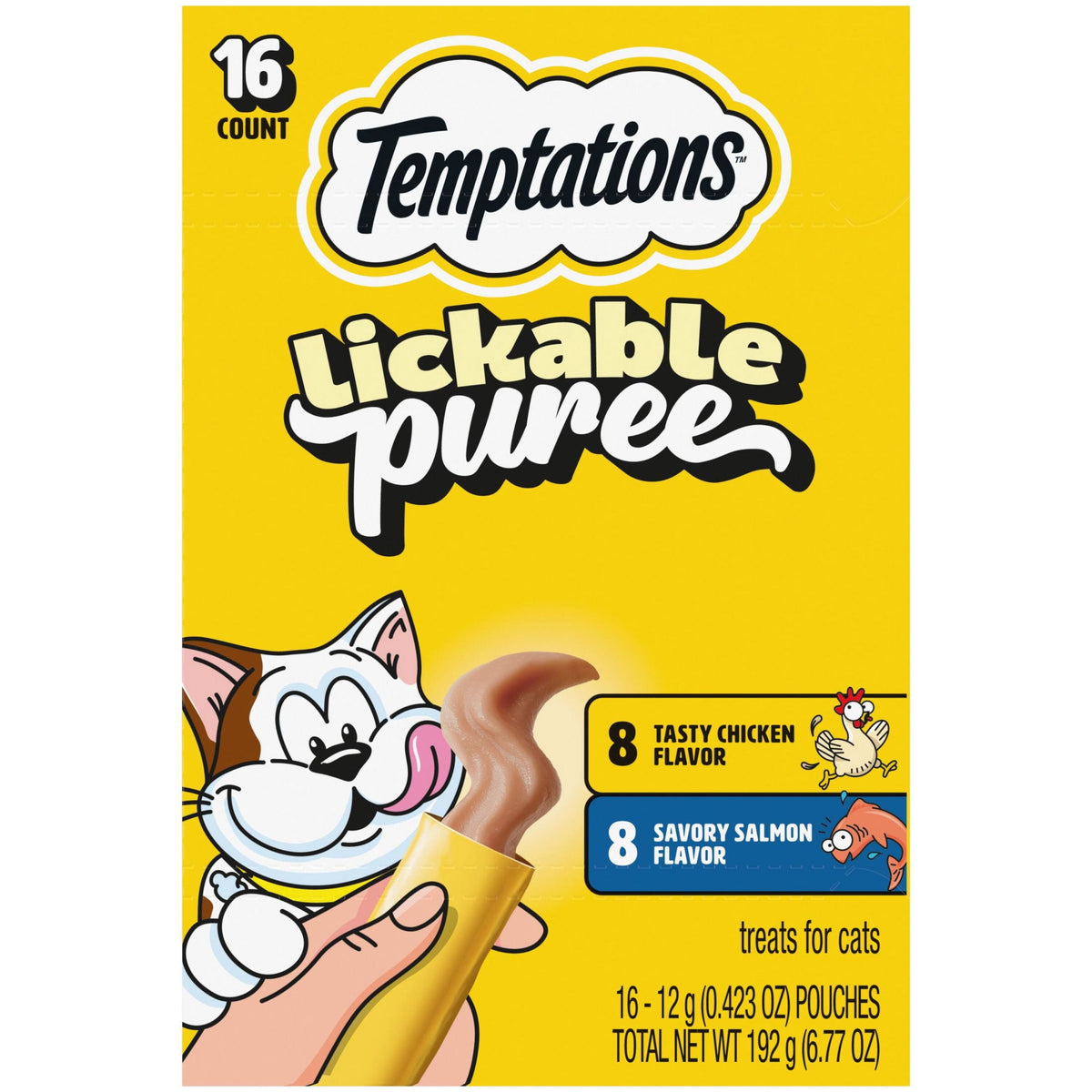 Temptations Creamy Puree Salmon and Chicken Flavor Crunchy Treats for Cats, 6.7 oz Pouches (16 Pack)