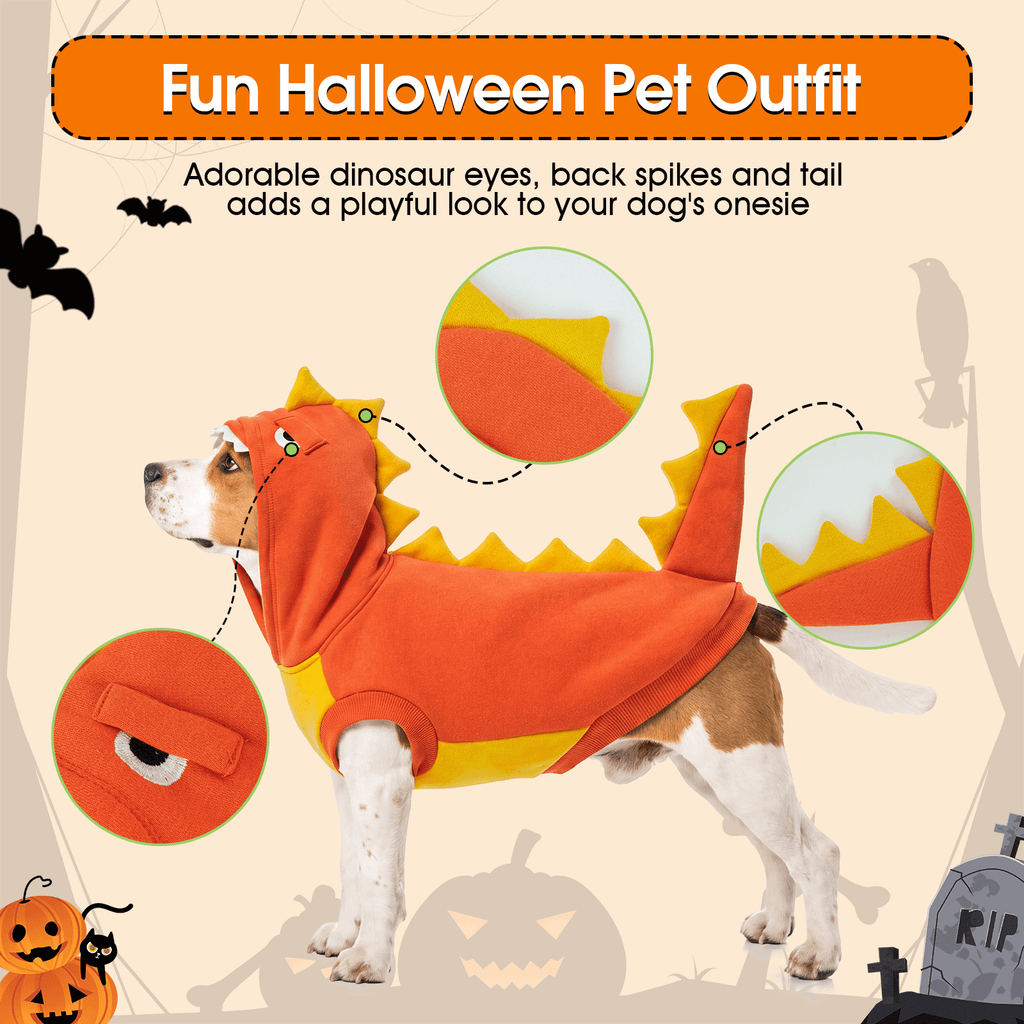Kuoser Dog Dinosaur Halloween Costume, Funny Fleece Hoodie for Medium Dogs, Orange, M