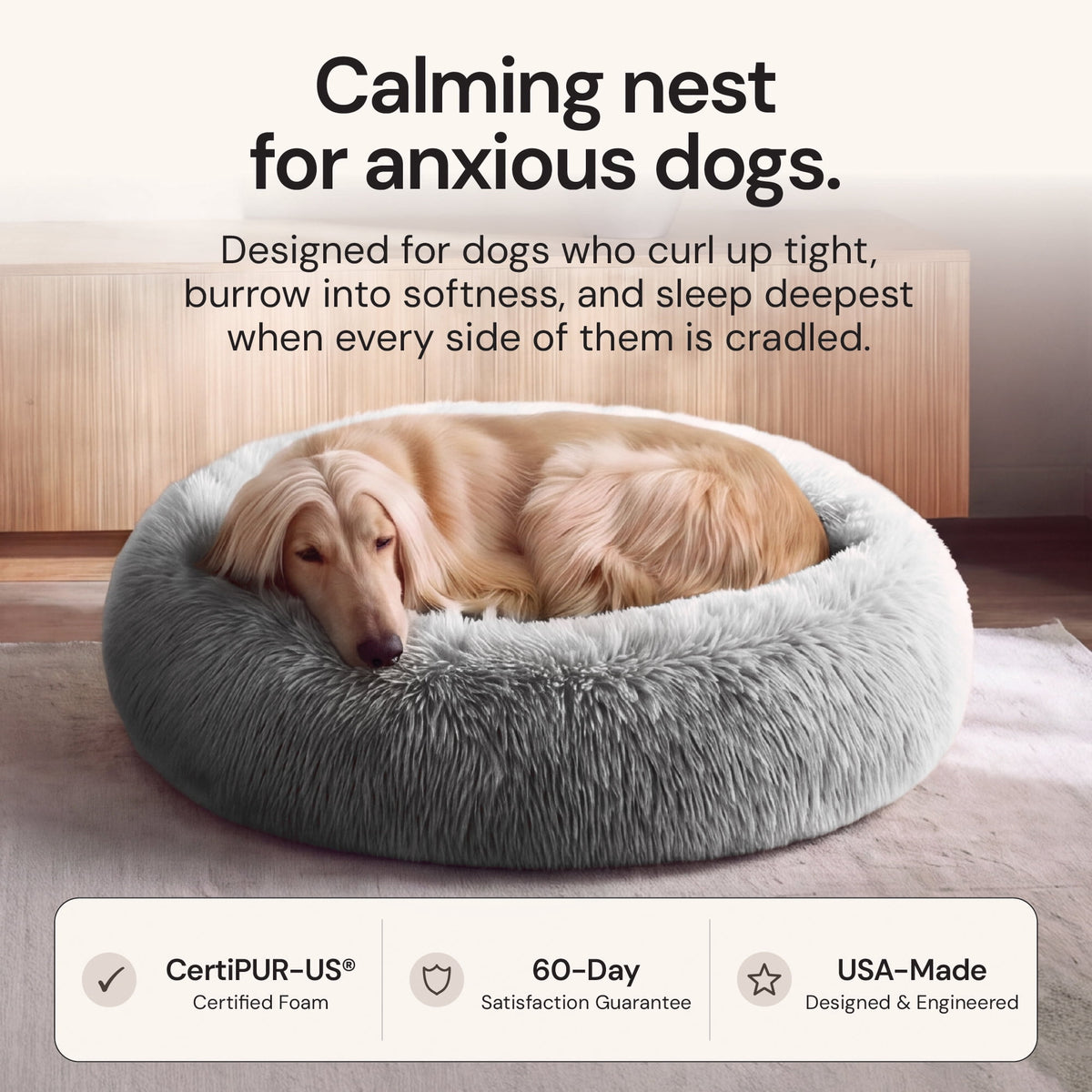 XL 45" Calming Cuddler Long Fur Donut Bed-Mist Gray