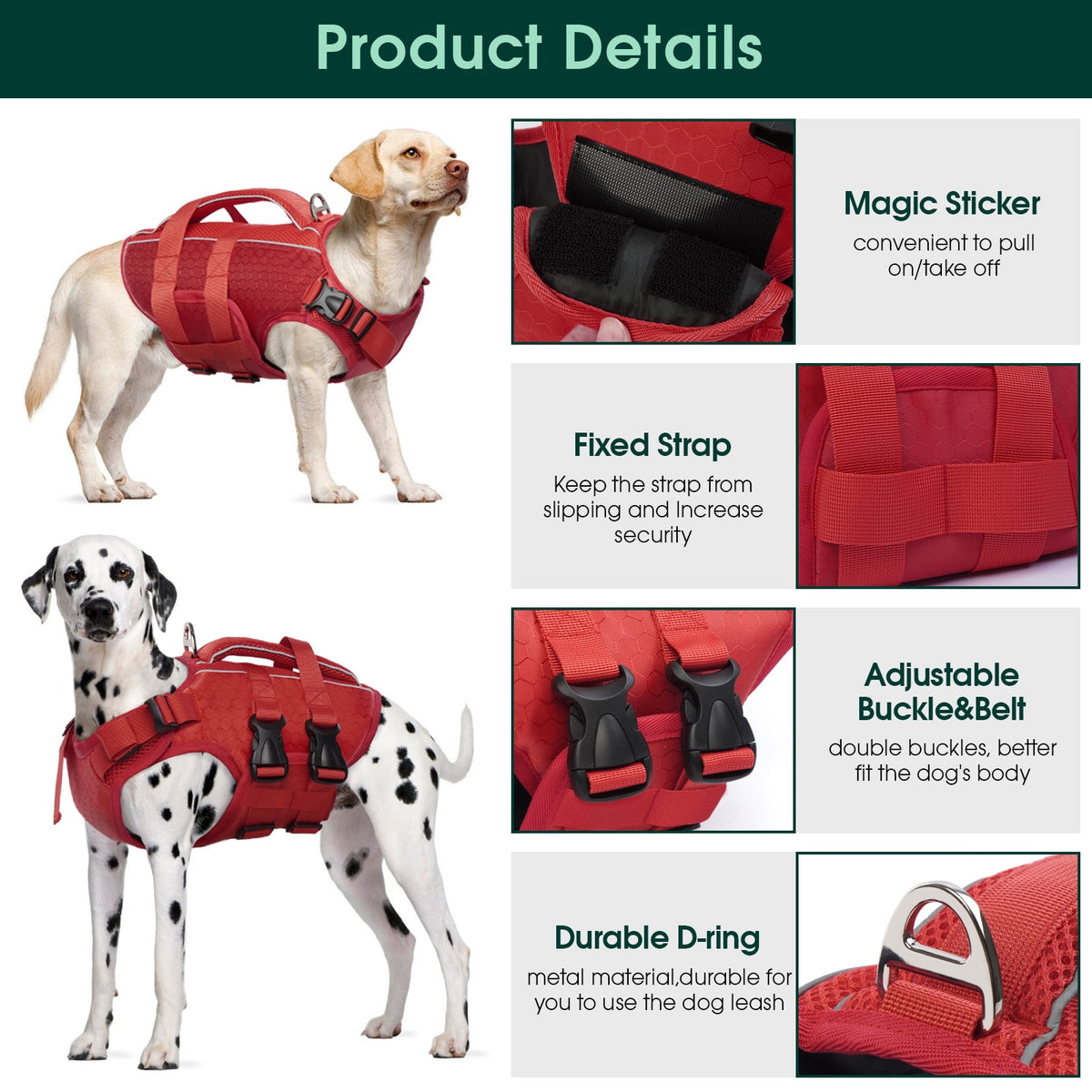 Kuoser Dog Life Jacket, Reflective and Adjustable Dog Life Vest for Small Medium Large Dogs Red, S