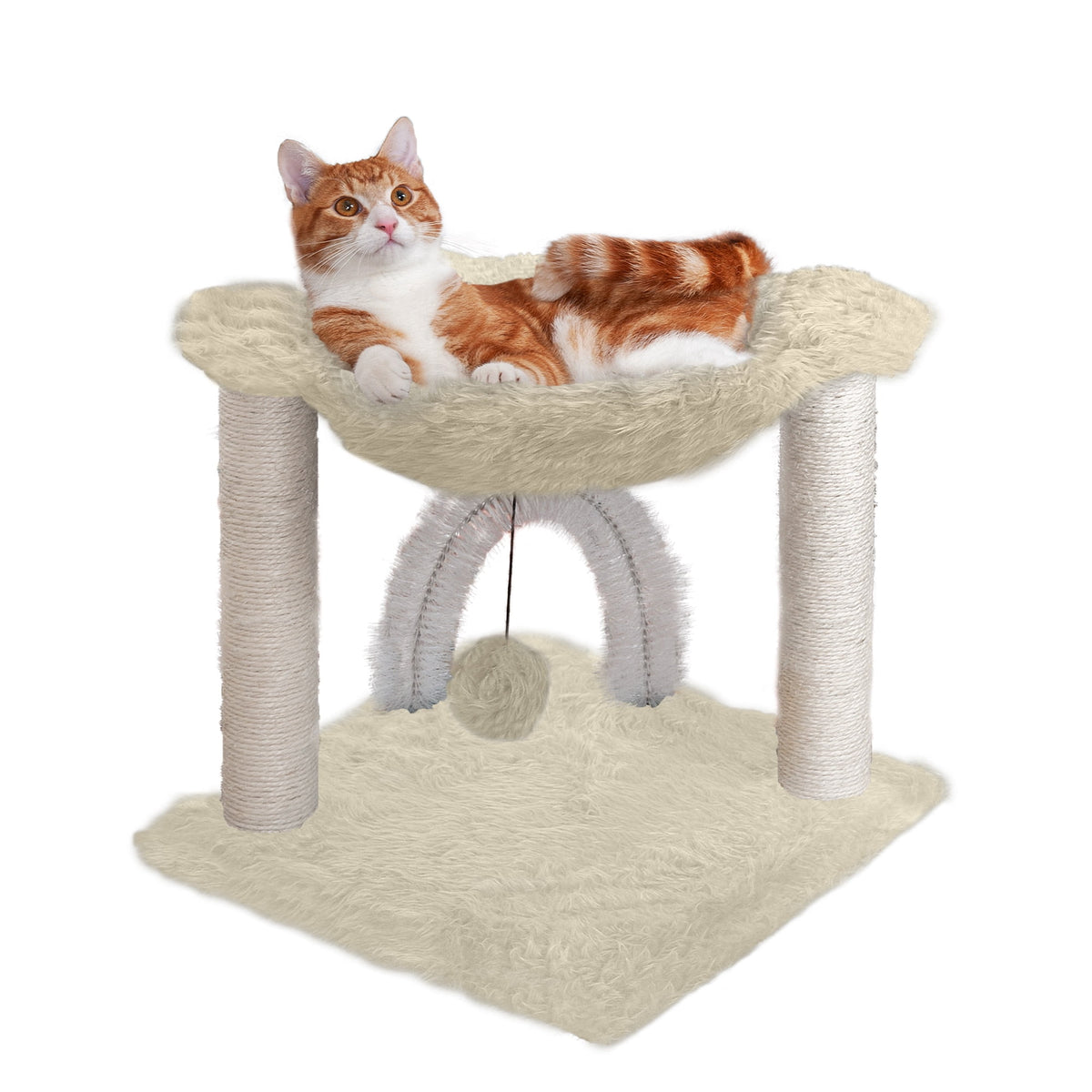 Furhaven Tiger Tough Small Cat Tree Plush Hammock Playground w/ Toys & Self-Grooming Brush - Cream, One Size One Size Cat Tree - Plush Hammock Playground (Cream)