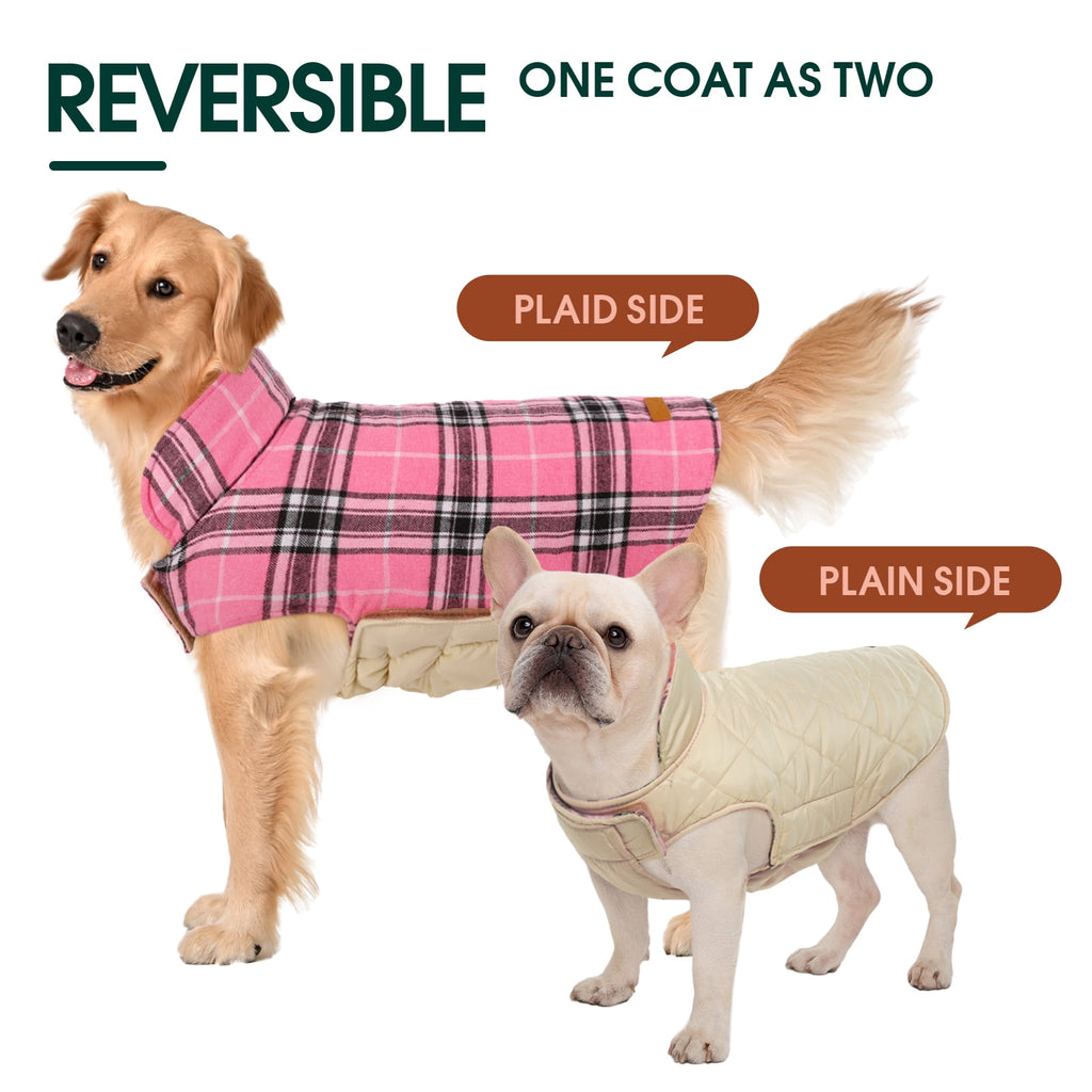 Kuoser Reversible Dog Coat Adjustable British Style Plaid Pet Jacket, Waterproof and Windproof, Blue, M